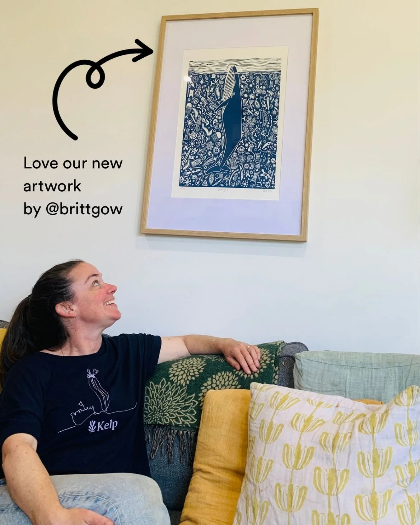 I got home from the market this morning to find our beautiful artwork by local Port Fairy artist @brittgow hanging on the wall. It&rsquo;s absolutely gorgeous. It&rsquo;s called Upwelling 2 and shows a whale enjoying the vast array of phytoplankton a