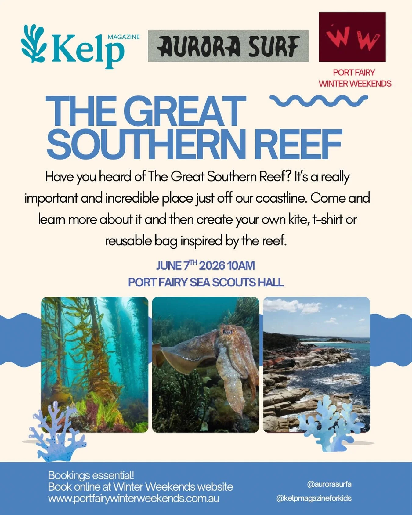 Aurora Surf @aurorasurfa and Kelp Magazine have finally come together off the pages to learn and play! 

Come along next Sunday 7th June to learn all about the Great Southern Reef. Then make your own kite, tshirt or bag to take home to tell others ab