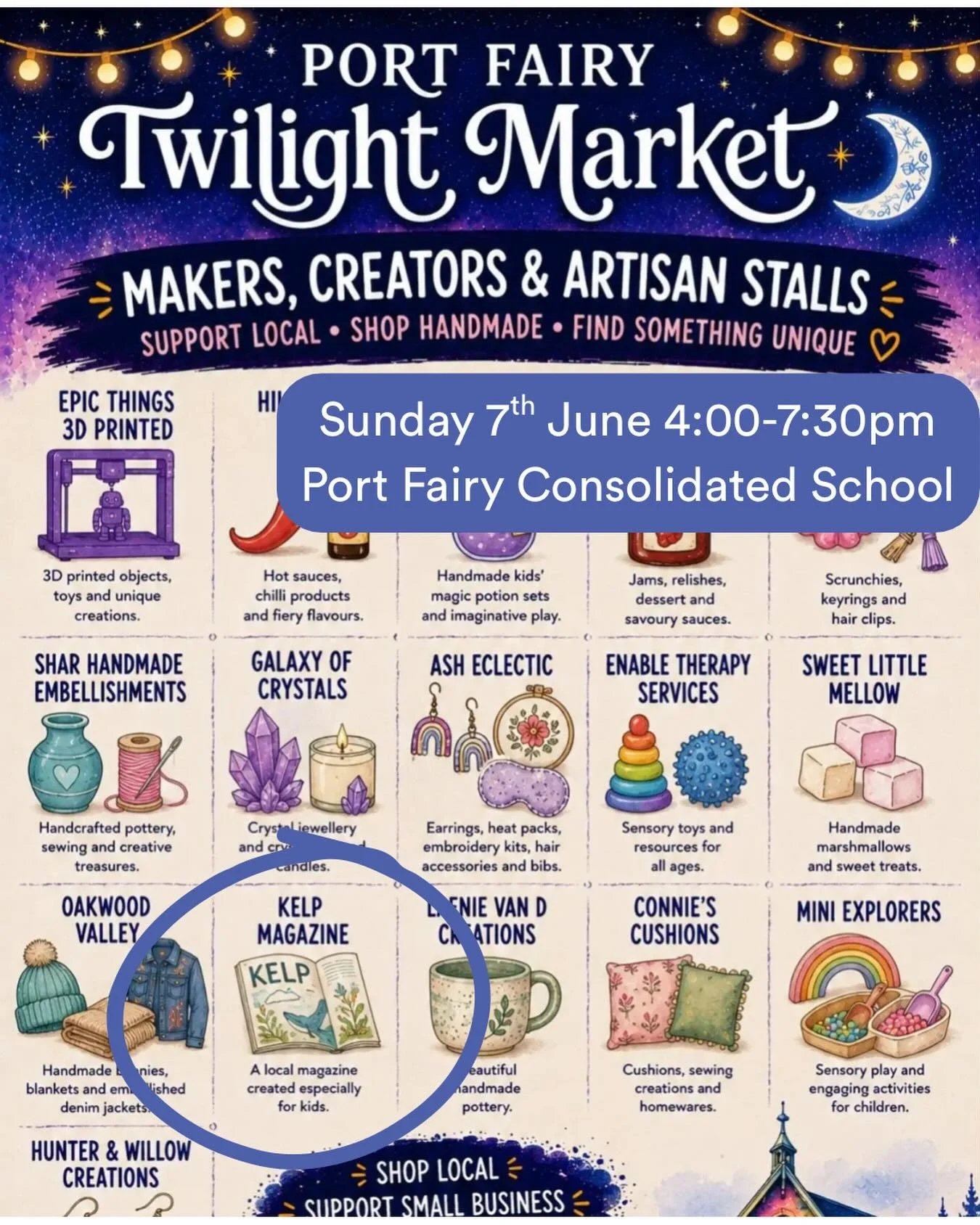 This Sunday as part of the Port Fairy Winter Weekends Festival @pfwwfestival is the beautiful twilight market at Port Fairy Consolidated School. 

Come along between 4:00 and 7:30 to support local creatives, listen to some sweet tunes and get involve