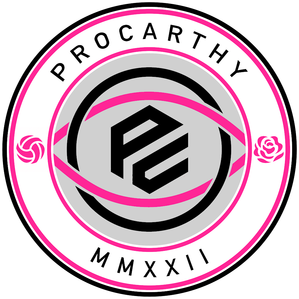 Logo of PROCARTHY with bold letters PC, circular pink border, roses, and Roman numerals MMXXIII.