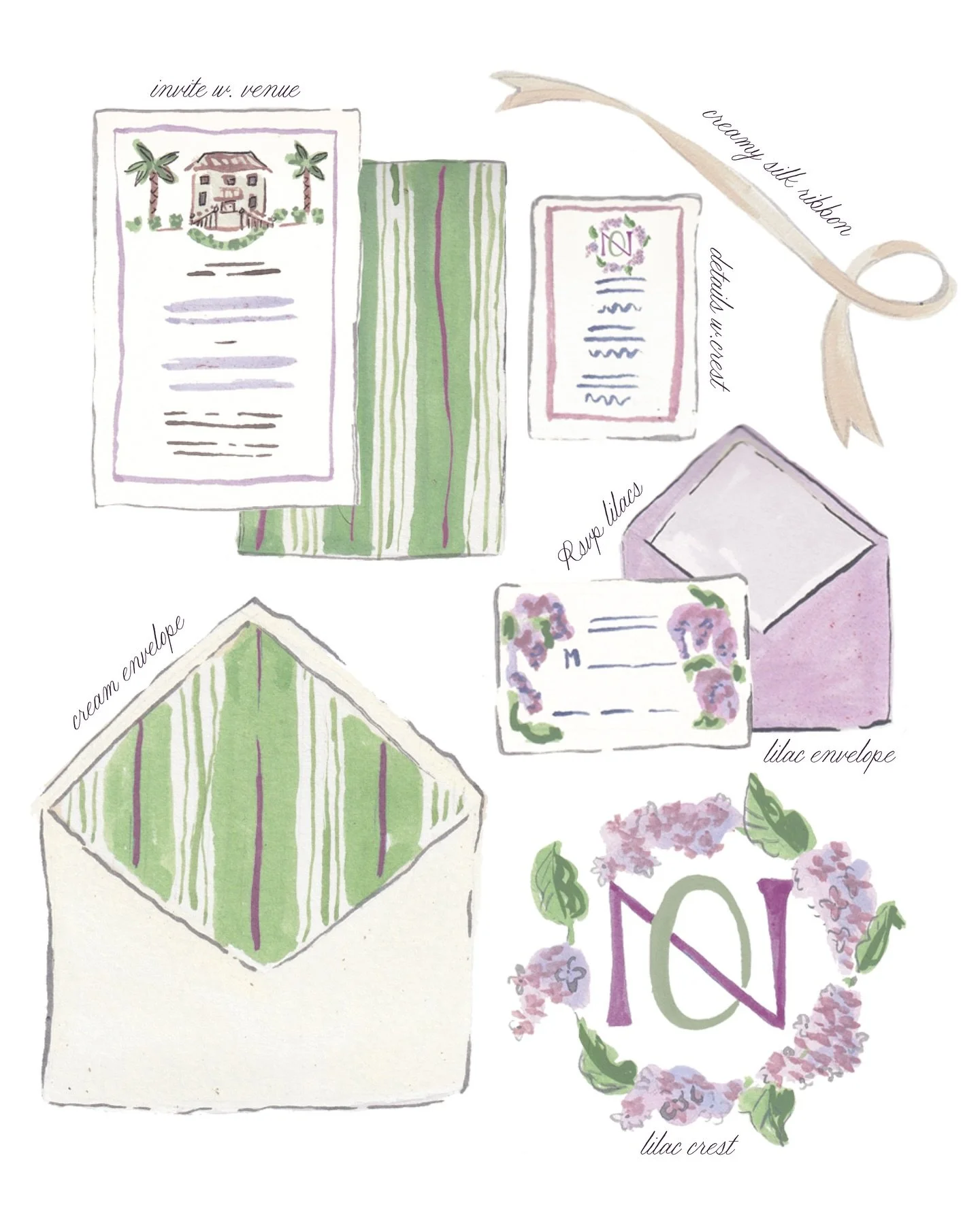 What&rsquo;s it like working all custom with an illustrator on your invitations? 
1. We chat about all the little and big details about your wedding day and what your most excited for
2. I create custom concept boards and sketches (like what you see 
