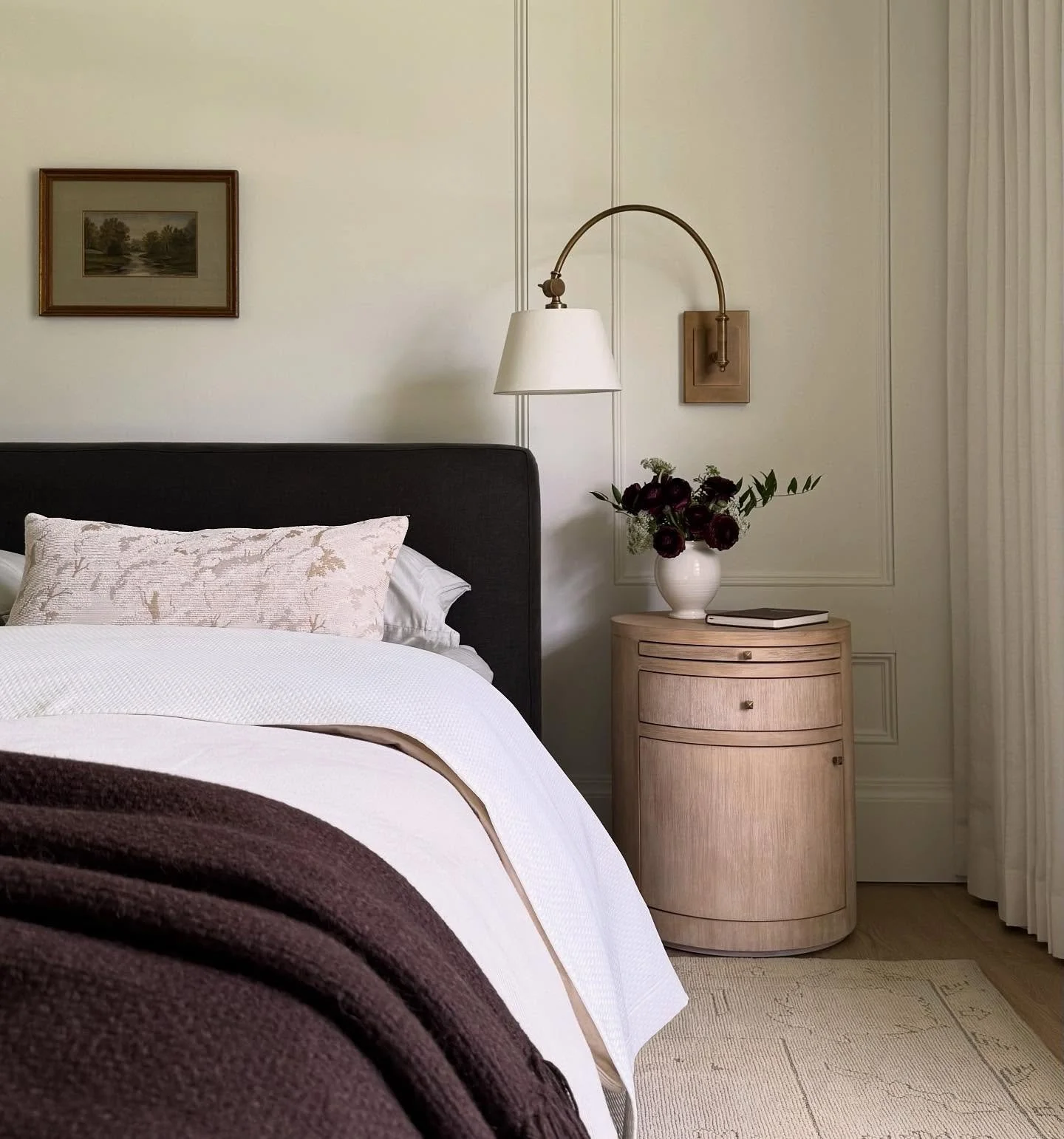 iPhone pic from yesterday&rsquo;s install because we don&rsquo;t think we can wait to show this room professionally photographed. We loved everything about this guest bedroom design. It&rsquo;s a quiet luxury in a small space but full of thoughtful d