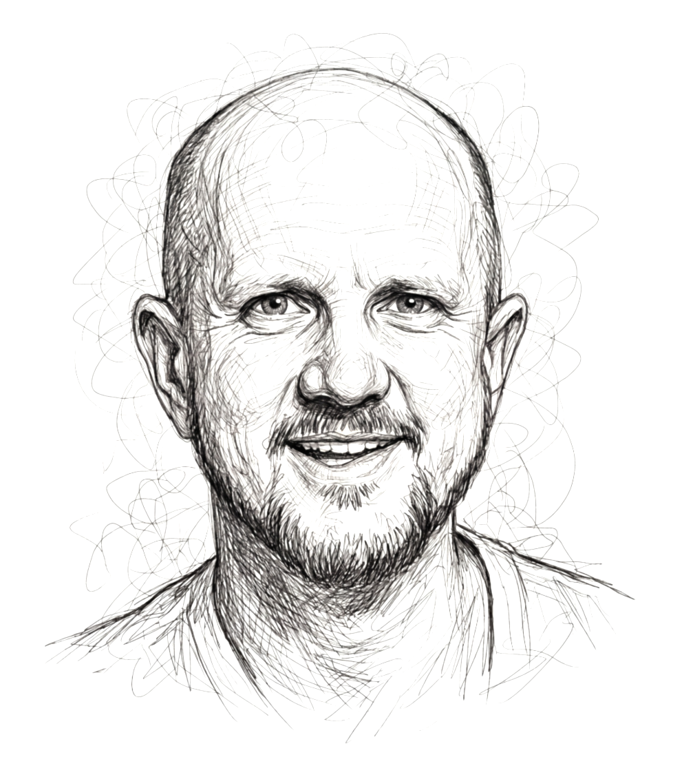 Line art drawing of a smiling man with short hair, facial hair, and squinting eyes.
