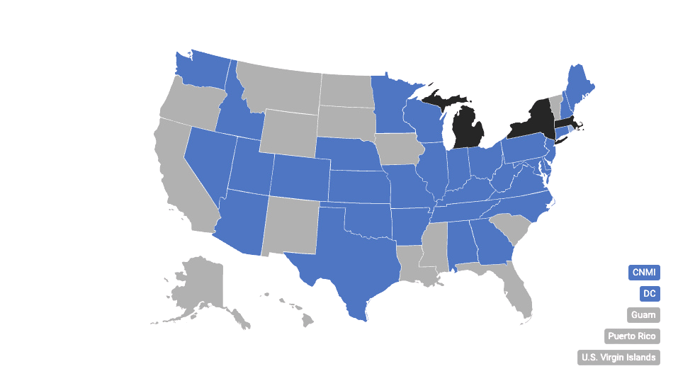 Map of the United States showing states in blue that are part of the PSYPACT allowing for telehealth services by psychologists.  States in white and grey do not participate