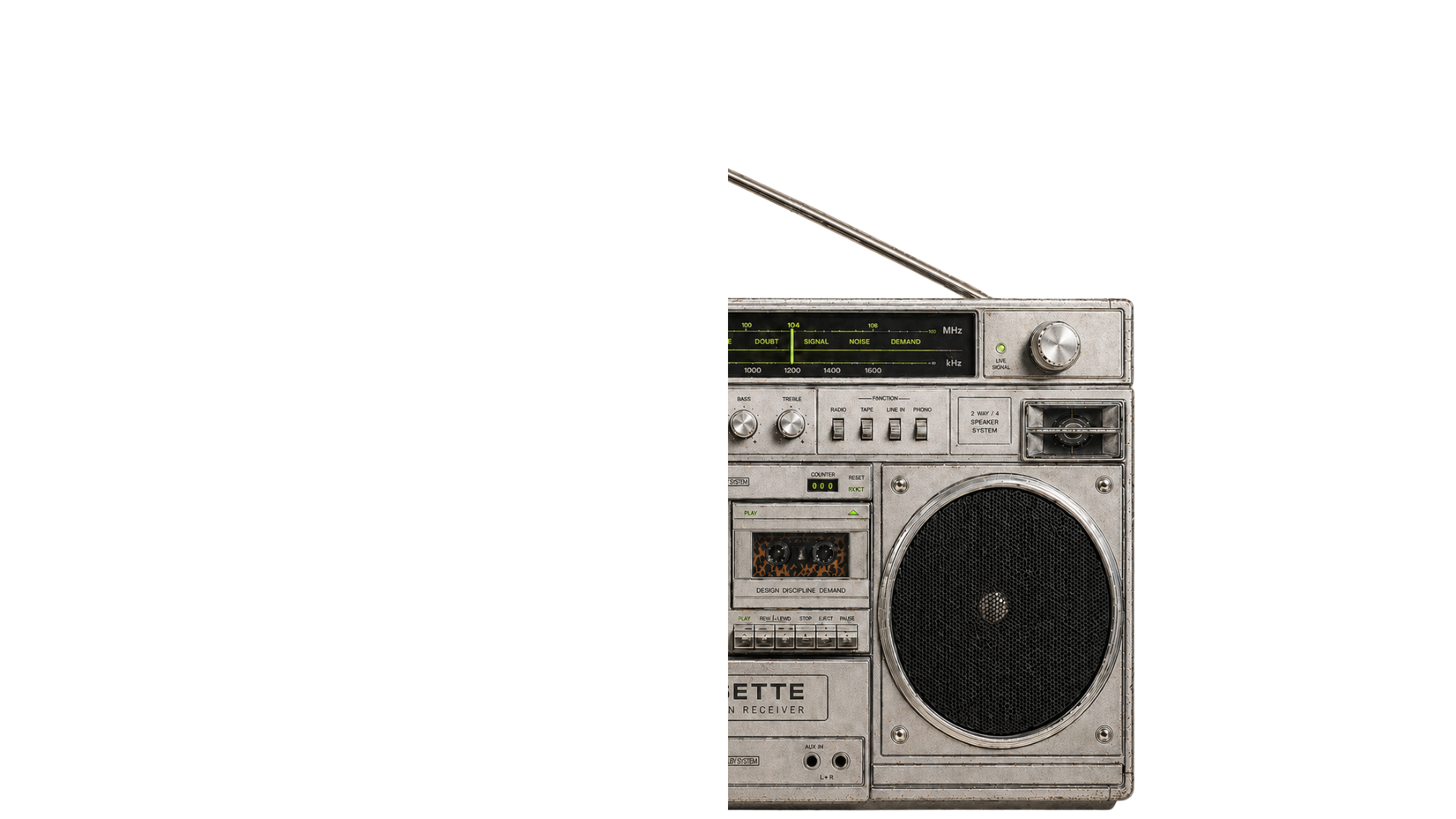 A vintage portable radio and stereo system with an extendable antenna, control knobs, and a speaker, set against a dark background.