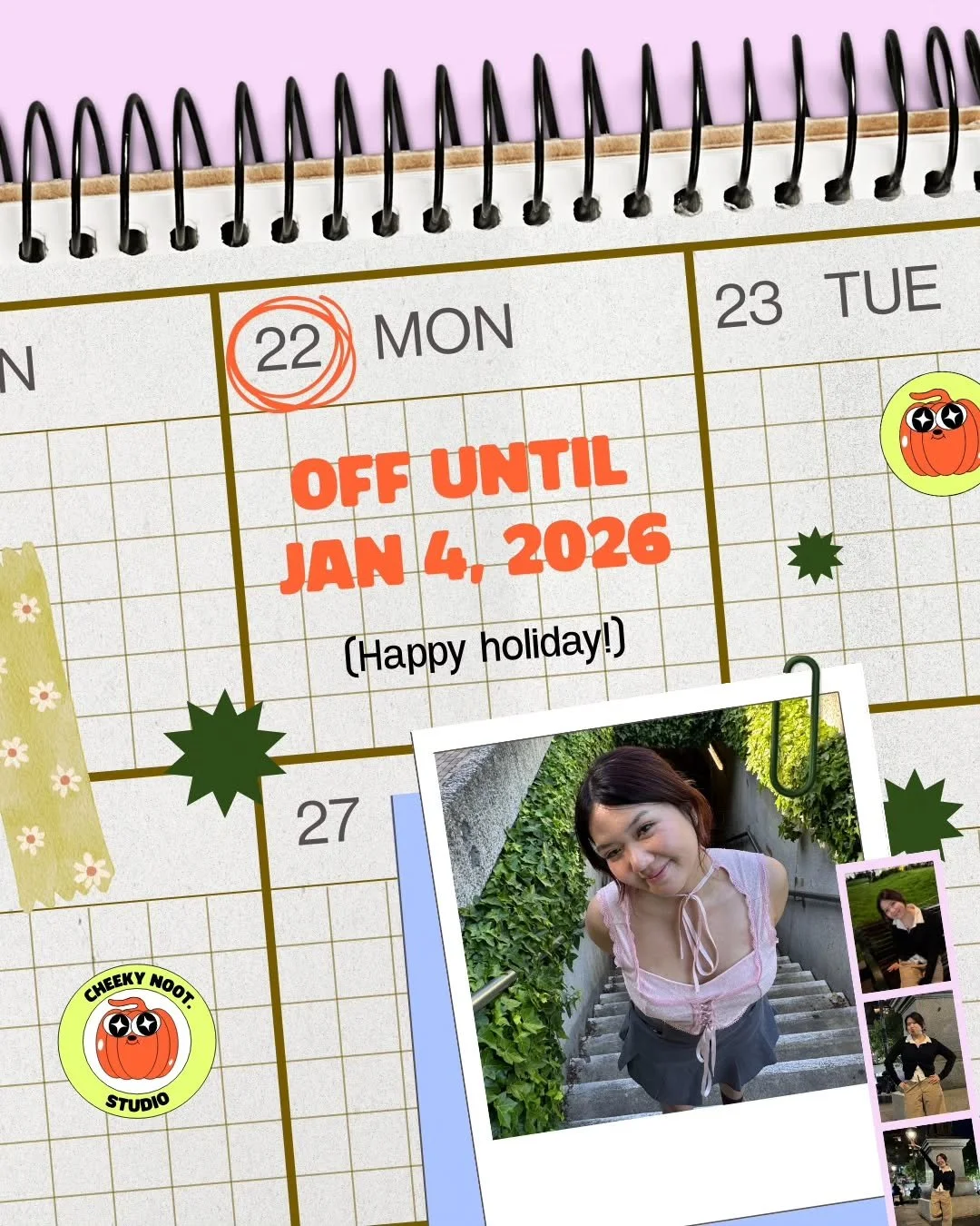 Going OOO for a bit to reset this end of year! 🤍

I&rsquo;ll be taking a short break from Dec 20, 2025 &ndash; Jan 4, 2026 to recharge and make space for fresh ideas in the new year 🥰

There&rsquo;s still one more post coming up to recap my year, s