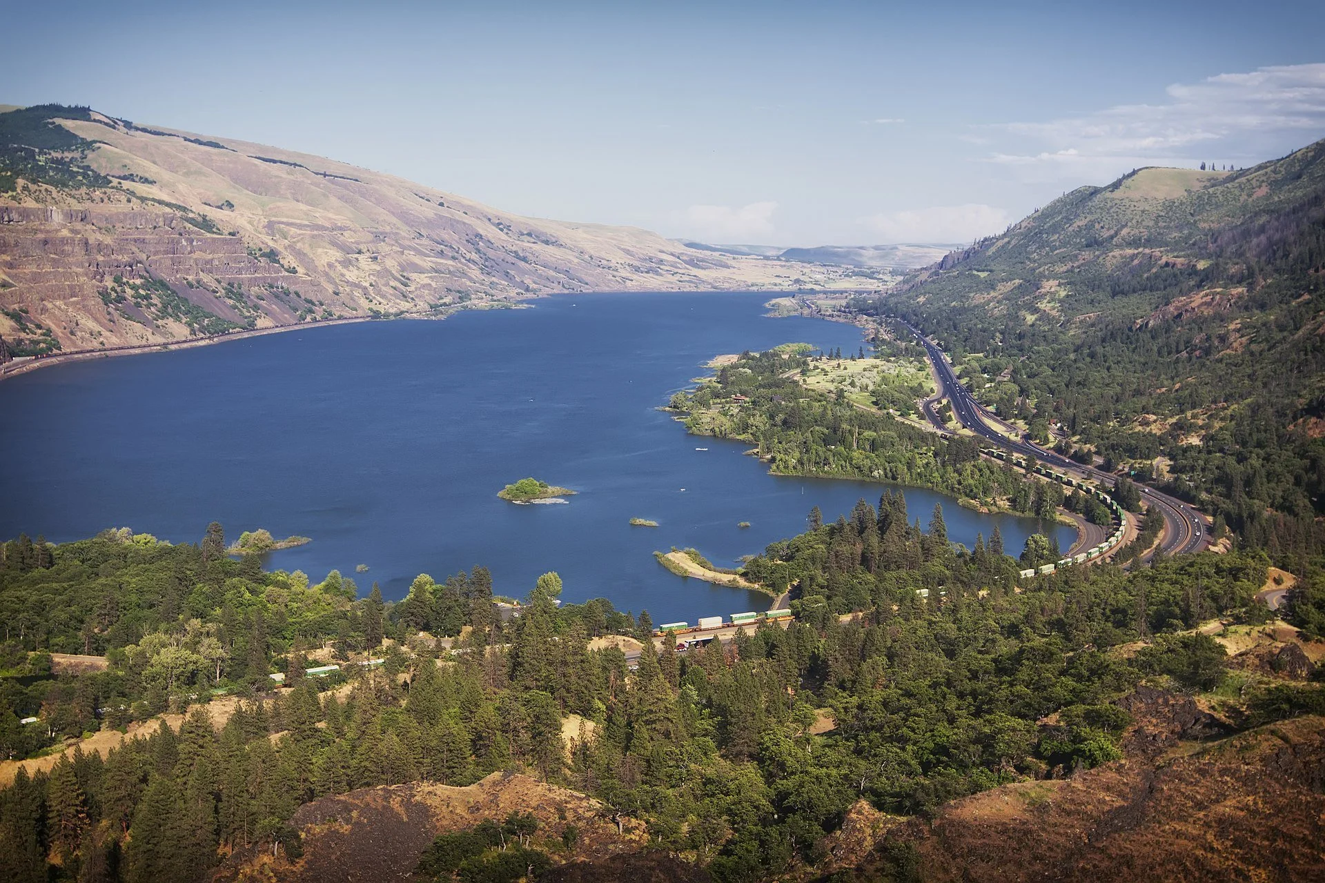Panoramic view of Columbia River Gorge with lush greenery, a winding road, and hills surrounding a wide river under a clear blue sky.