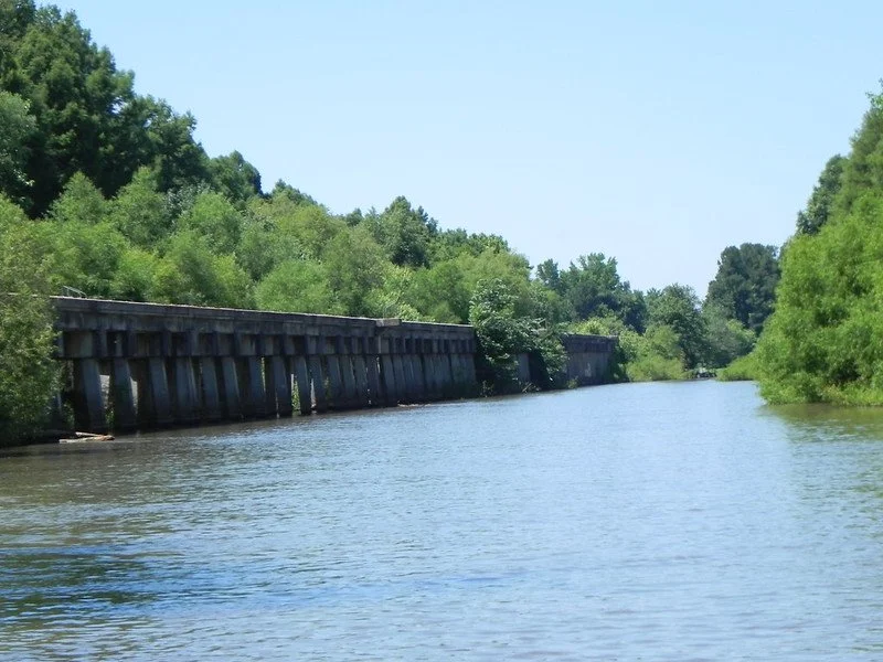 Waterway with bridge and trees