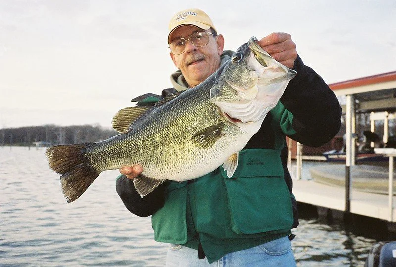 Person holding a large fish near a lake.