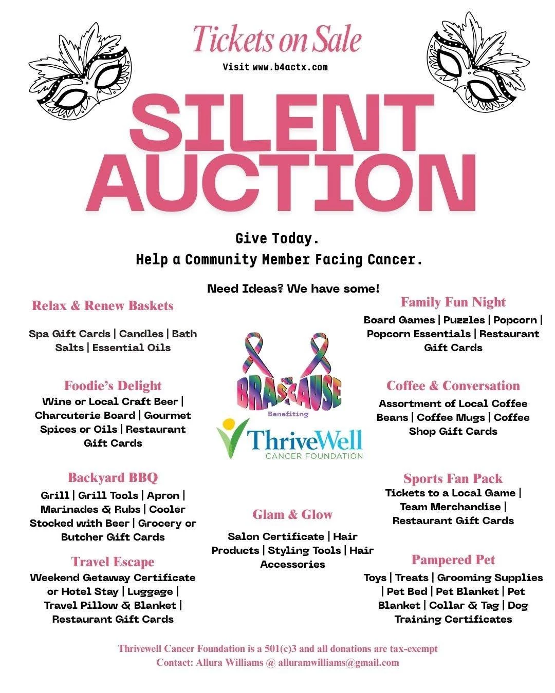 ๐ Be part of the cause! Donate an item or themed basket for our Bras for a Cause Silent Auction on October 30. All proceeds support ThriveWell Cancer Foundation, a 501(c)(3) nonprofit, helping community members facing cancer. ๐
Want to help? Comm
