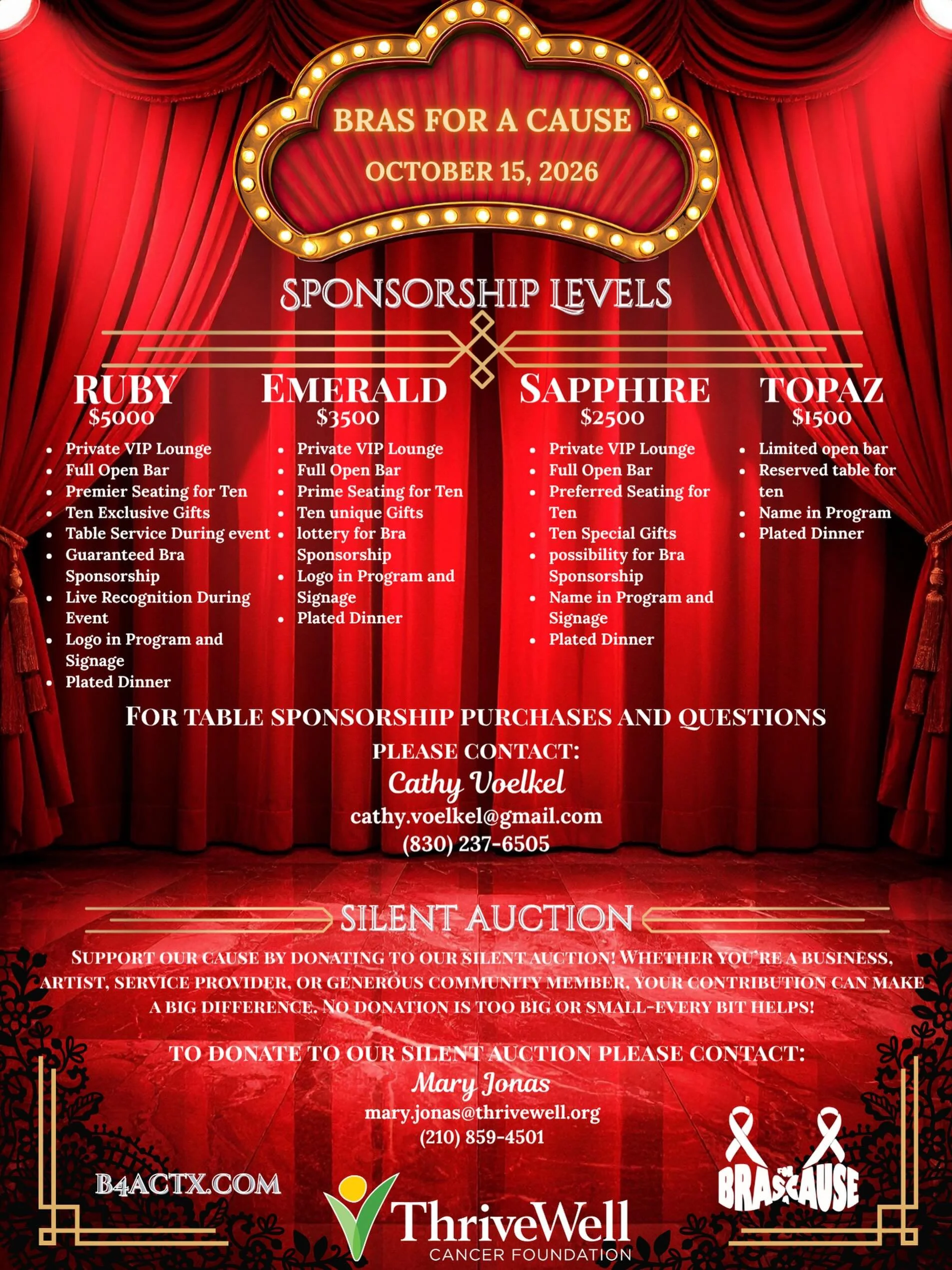 An unforgettable night of glamour, giving, and community 💕✨
Join us October 15, 2026 for Bras for a Cause&mdash;an evening filled with dinner, drinks, a silent auction, and meaningful impact. Every table, sponsorship, and bid helps support those aff