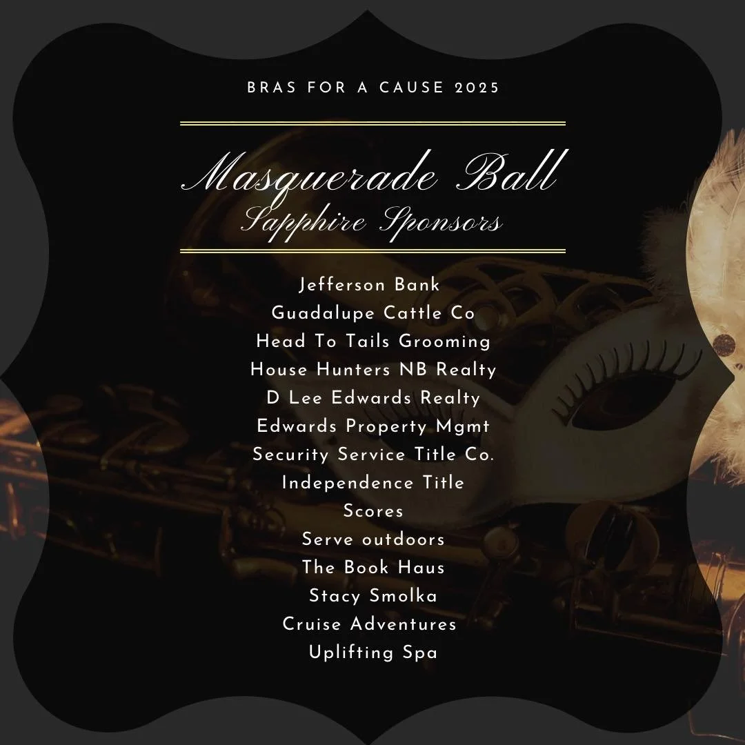 💎✨ Sapphire Sponsors Shine Bright! ✨💎
A heartfelt thank-you to our Sapphire Sponsors for helping make Bras for a Cause 2025 possible: Masquerade Ball an unforgettable night of glamour, generosity, and giving! 💖

Your support helps us raise awarene