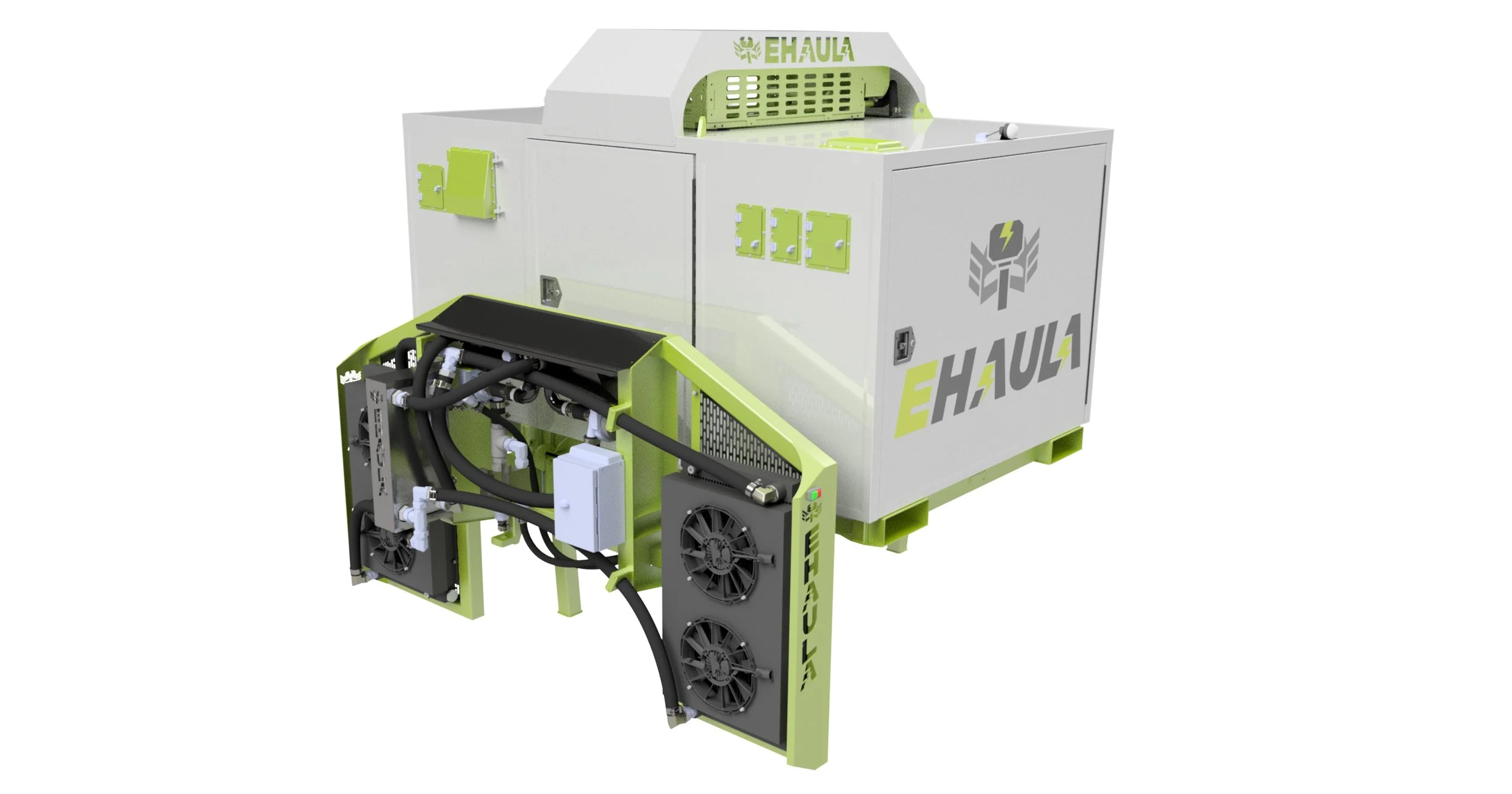 A large industrial machine labeled 'EHAUL' with a white and lime green color scheme, featuring metal panels, hoses, and cooling fans, used for material handling or processing.