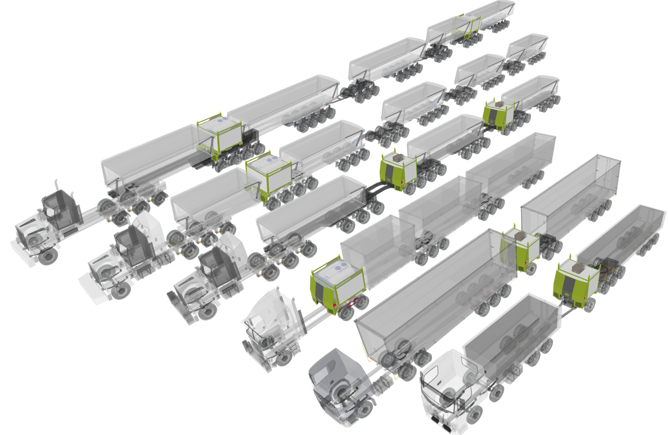 3D rendering of multiple semi-truck trailers, with some equipped with advanced green and black technology modules, arranged in a grid pattern.