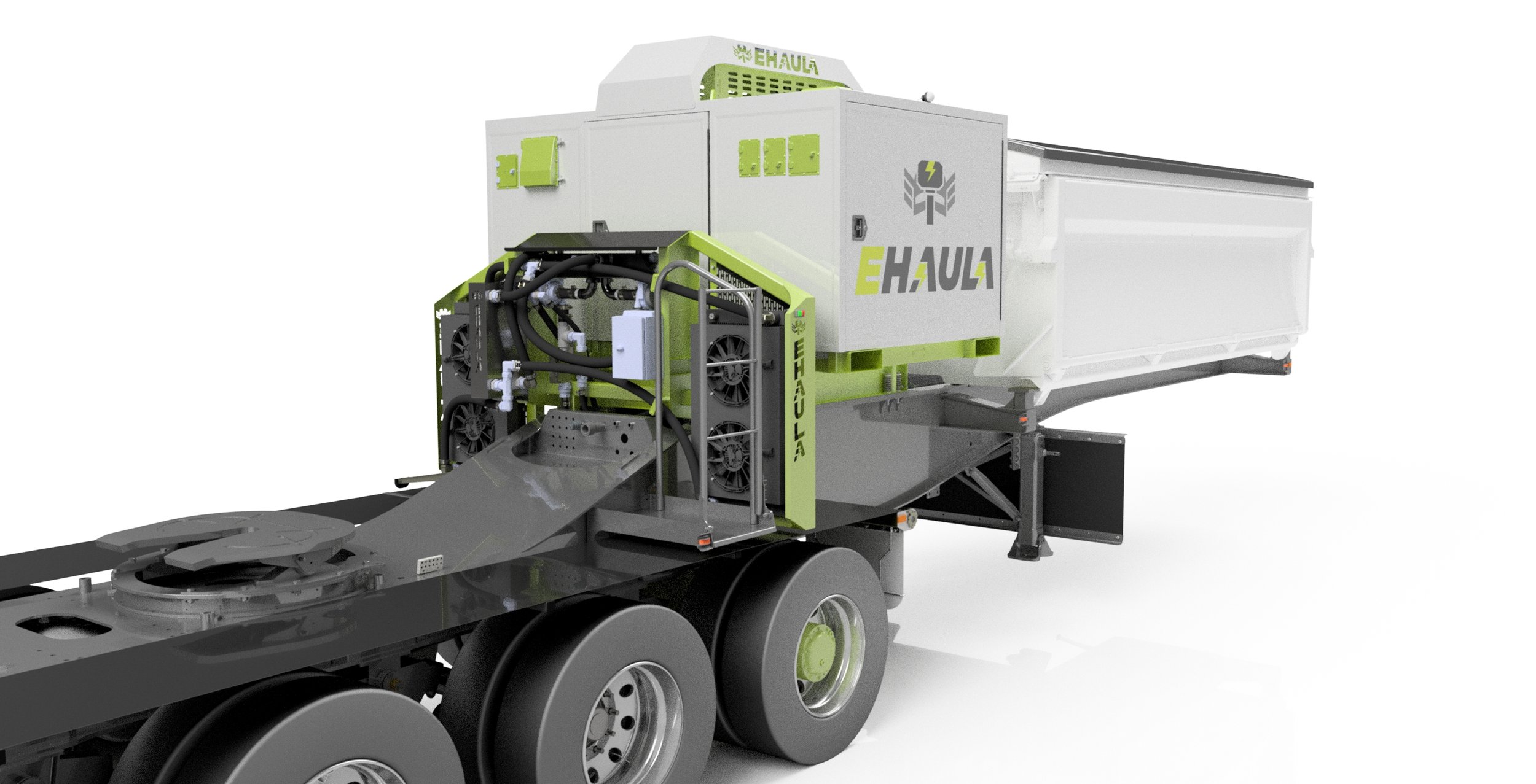 A green and white electric truck conversion with the logo 'EHAULA' on the side, showing internal components and a conveyor system.