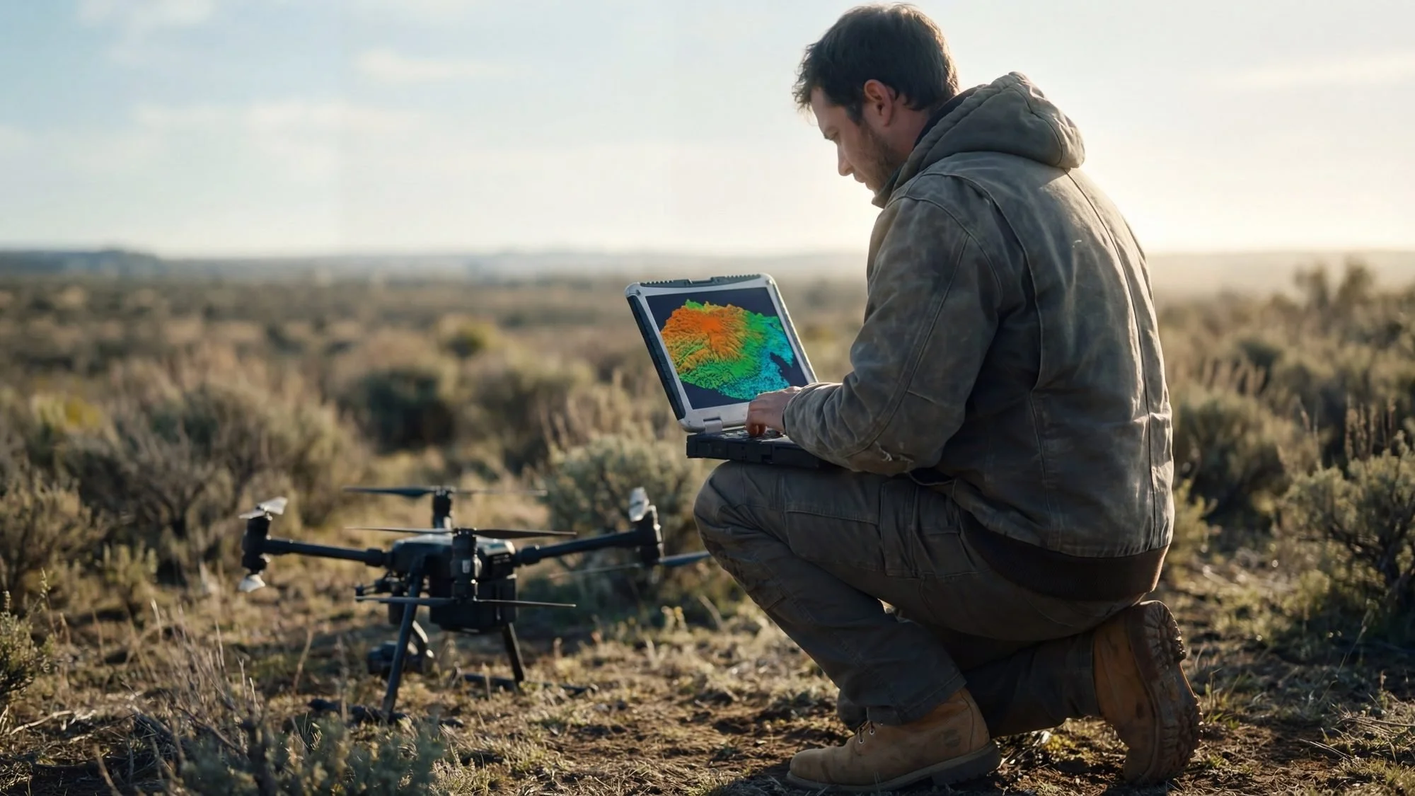 Drone mapping operator reviews a 3D terrain point cloud model on a laptop in the field.