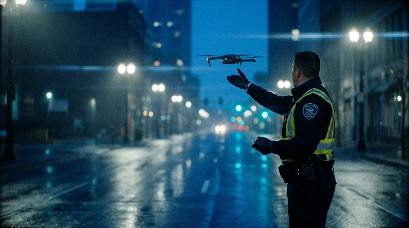 A law enforcement officer launches a drone at night on a wet city street, with lights reflecting on the pavement.
