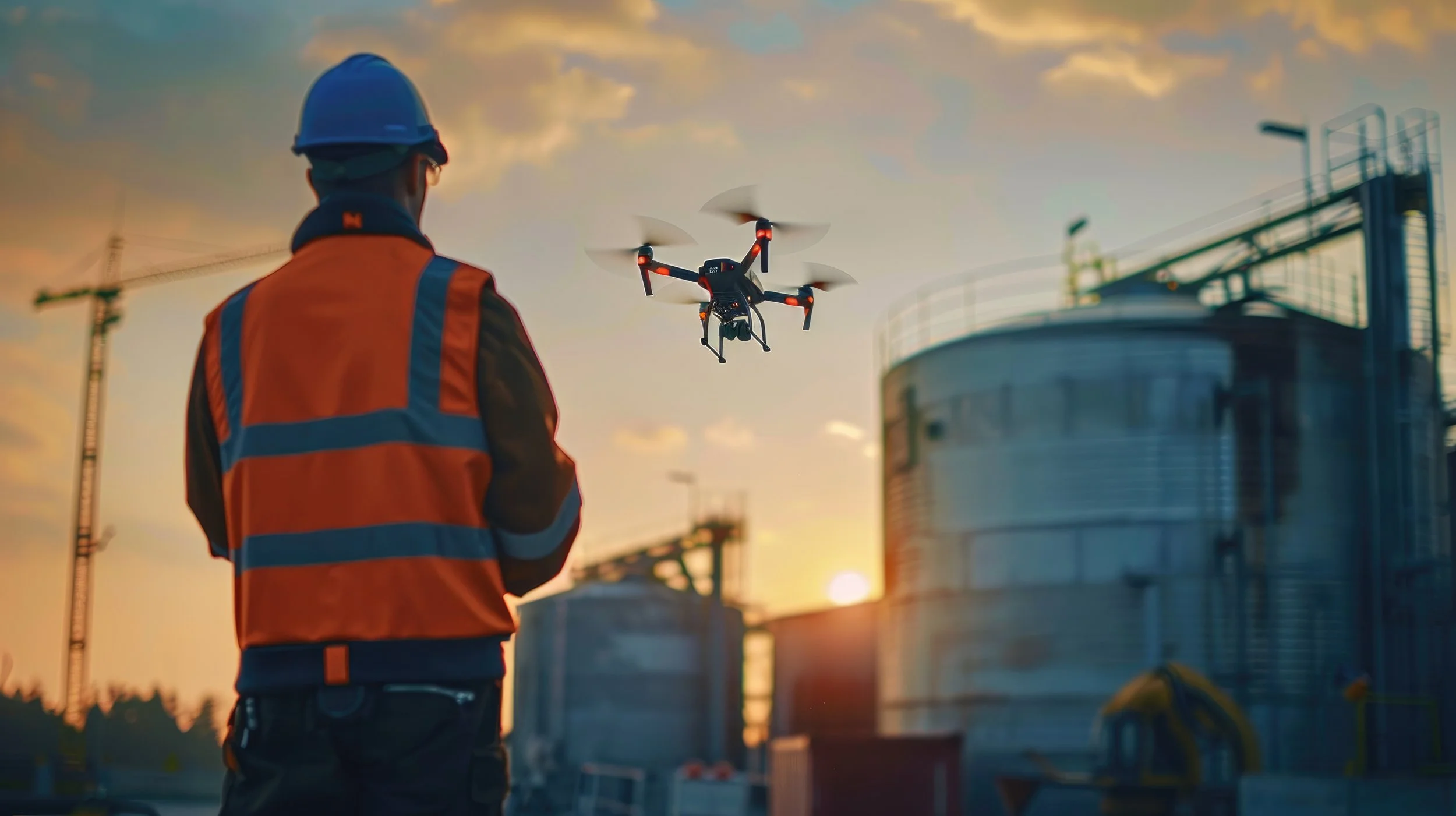 Worker in safety gear observing a drone flight during a new UAS program launch.