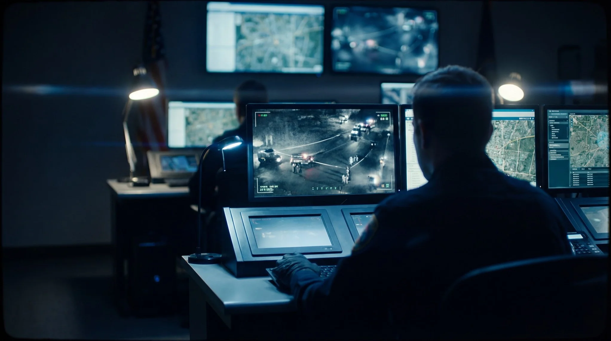 An emergency operations center monitors a live drone feed on multiple screens during an active incident.