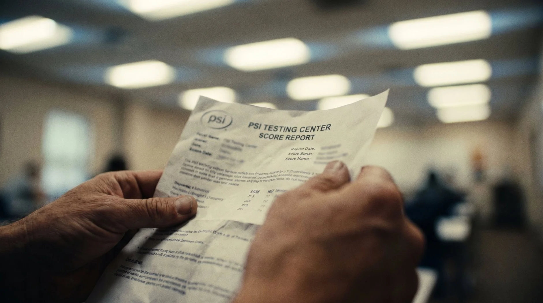 Close-up of hands gripping a PSI testing center score report paper