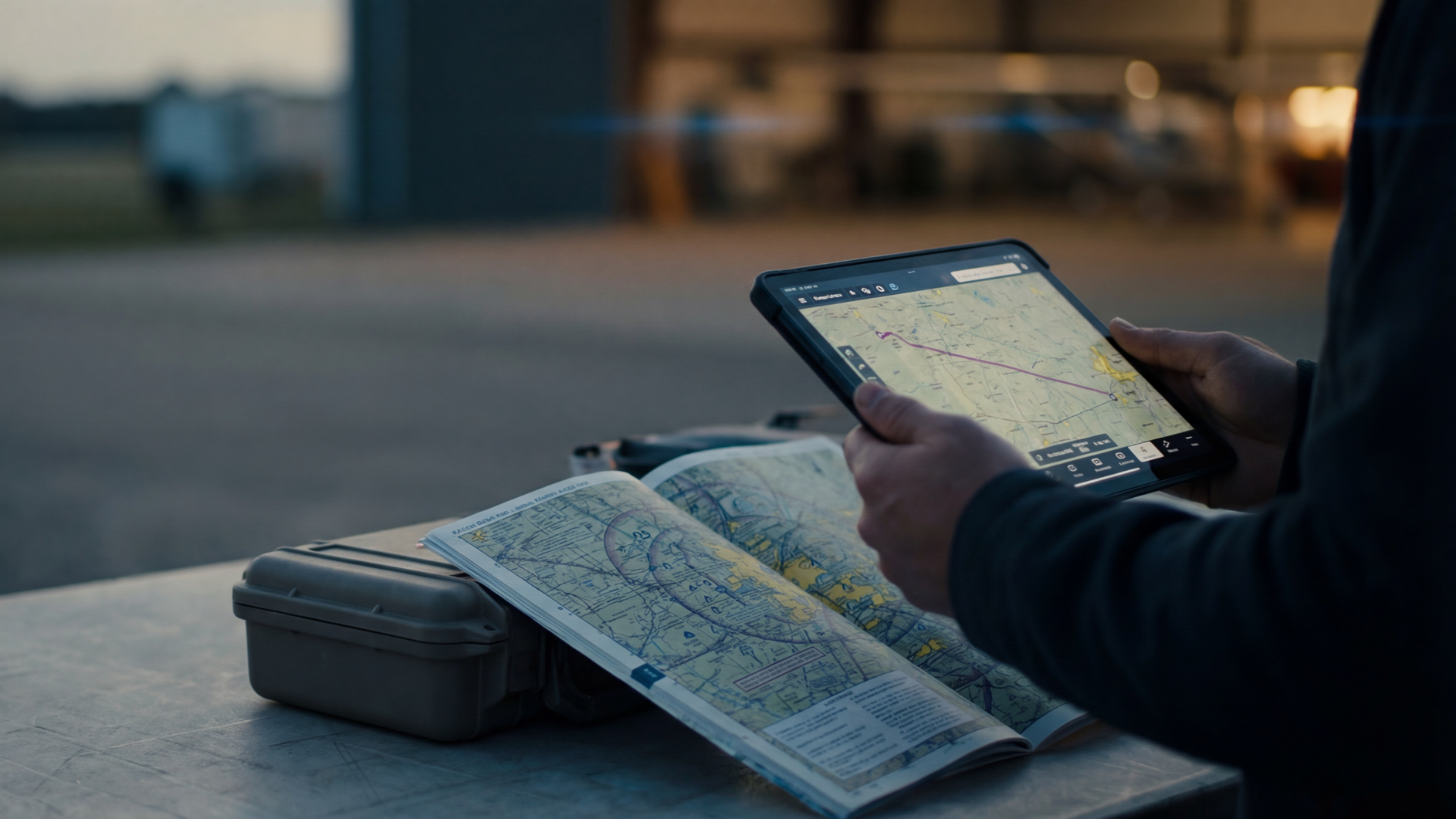 Pilot planning a flight using a tablet and printed sectional charts.