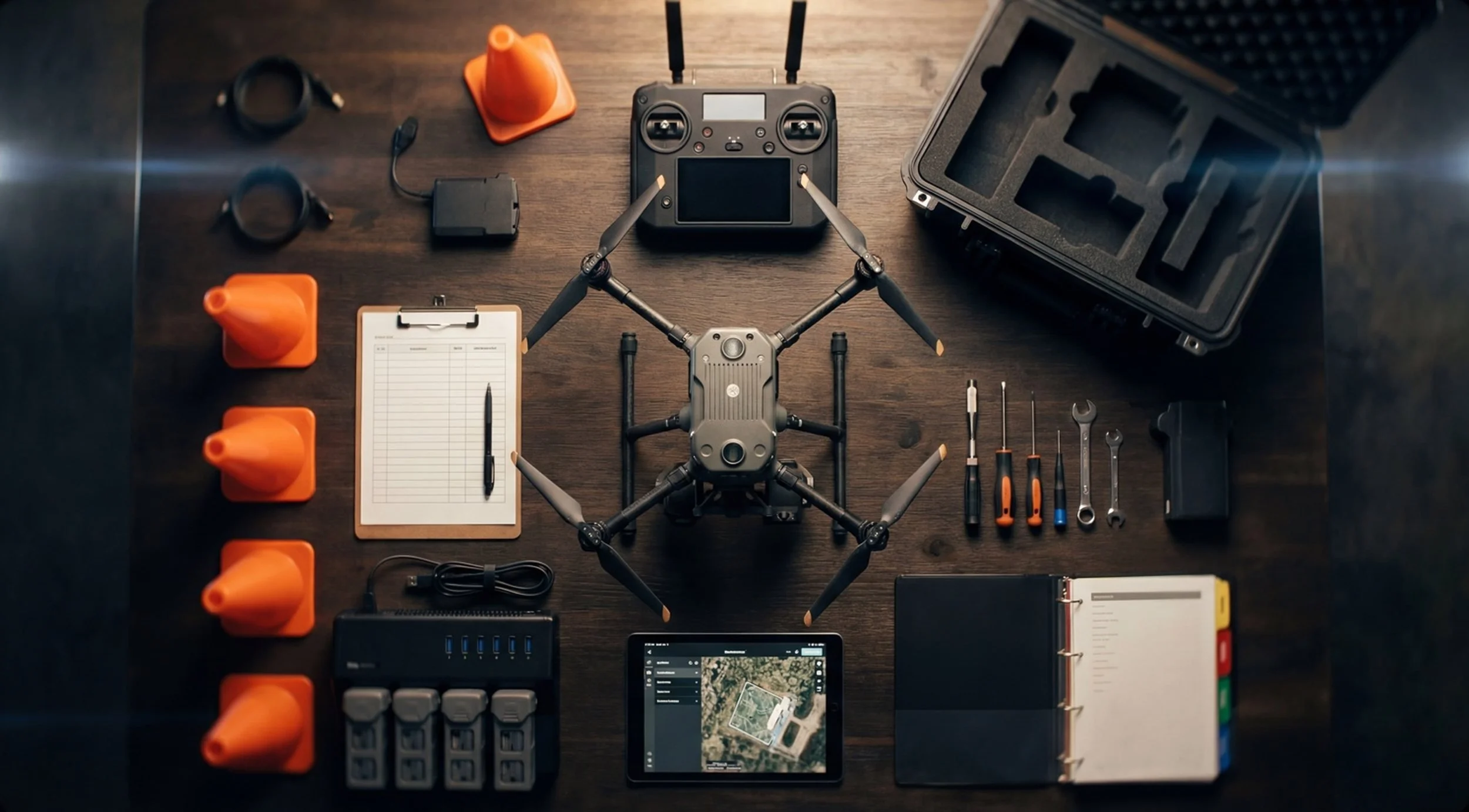 Overhead view of a complete enterprise drone kit laid out on a dark surface — controller, batteries, tablet, spare propellers, and accessories — representing the full scope of hardware investment in a drone program