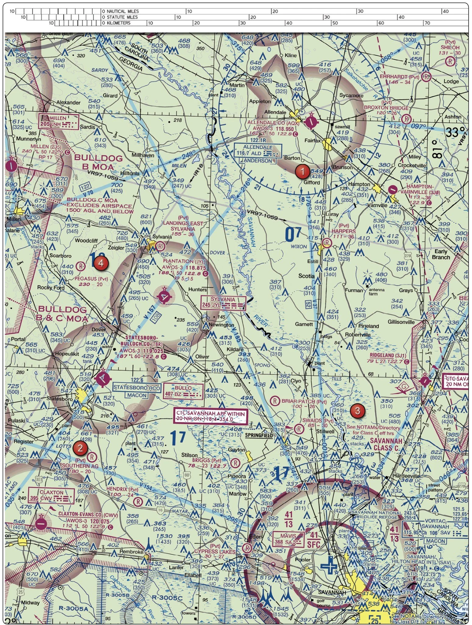 Class C airspace shown on an FAA sectional chart near Savannah, Georgia.