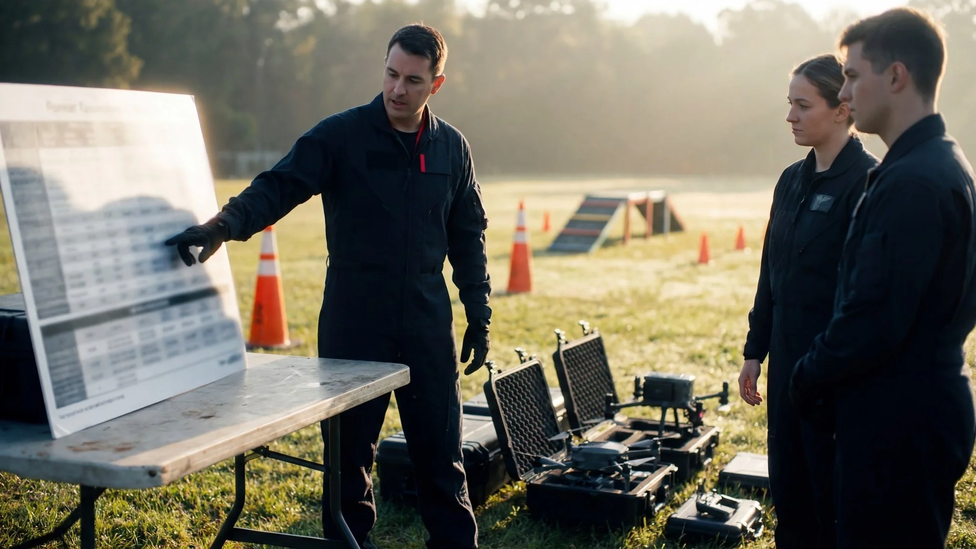 Drone training instructor explains a safety checklist to two trainees at an outdoor flight training course.