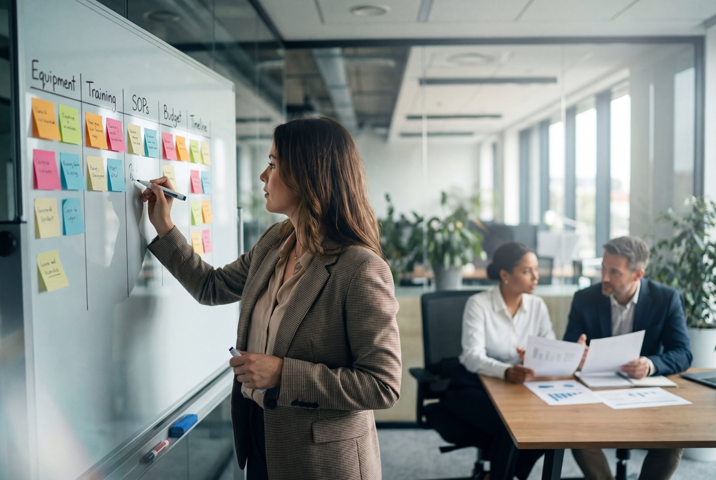 Program planning team collaborating around a whiteboard with sticky notes during a drone program strategy session — representing the budgeting and mission-definition process