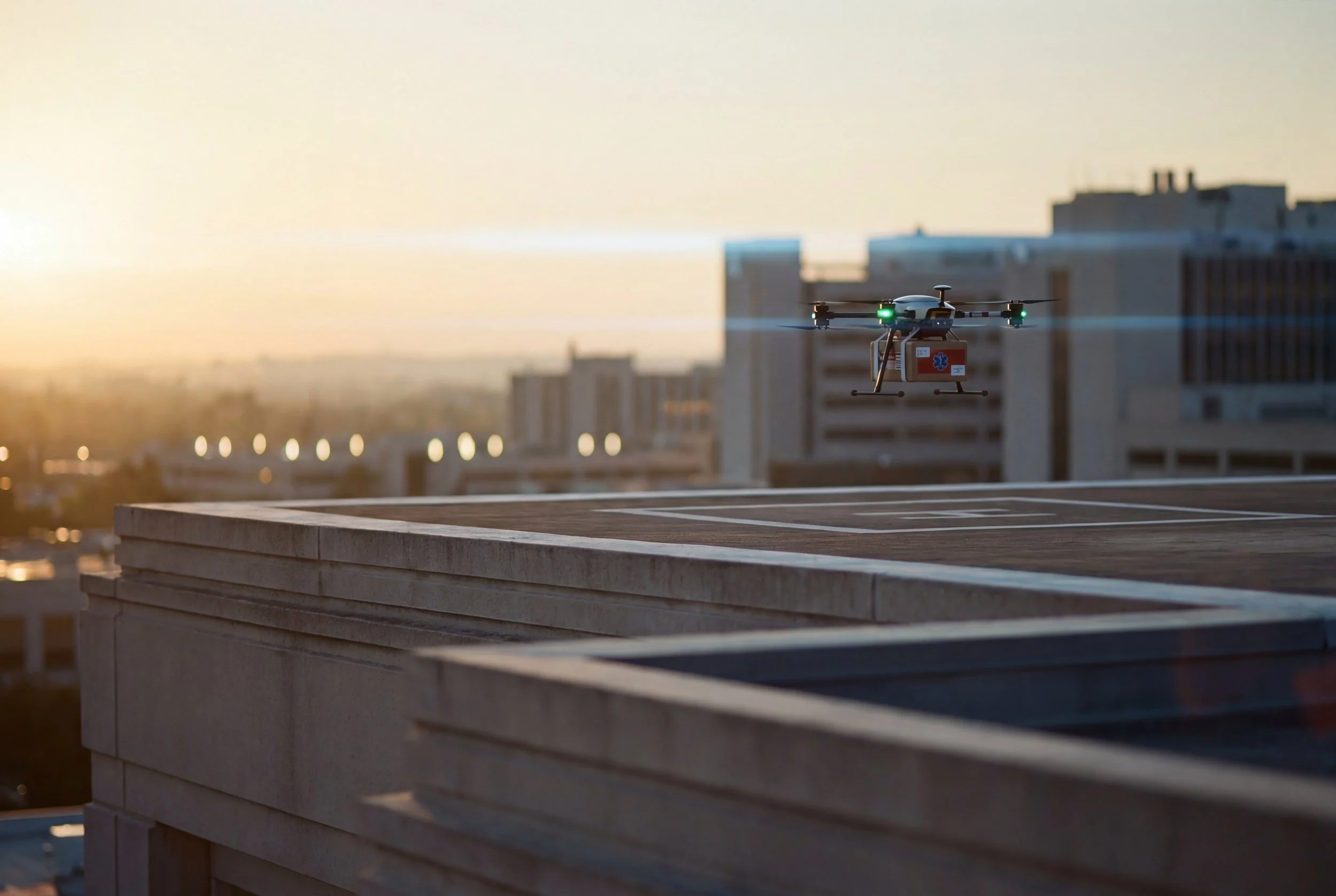 Delivery drone over hospital landing pad