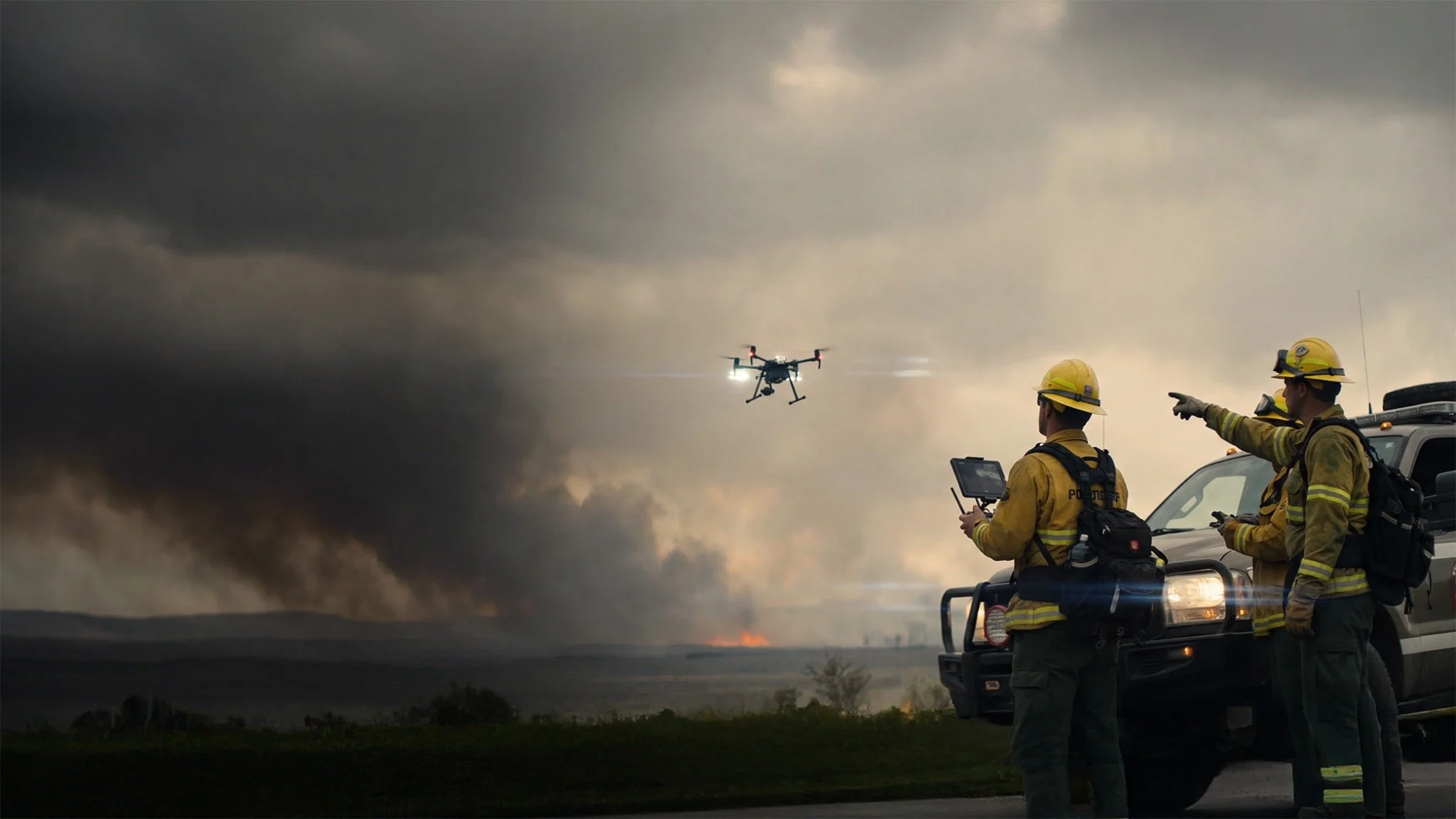 Firefighters operate a drone near a wildfire scene with heavy smoke in the distance beside a response vehicle.