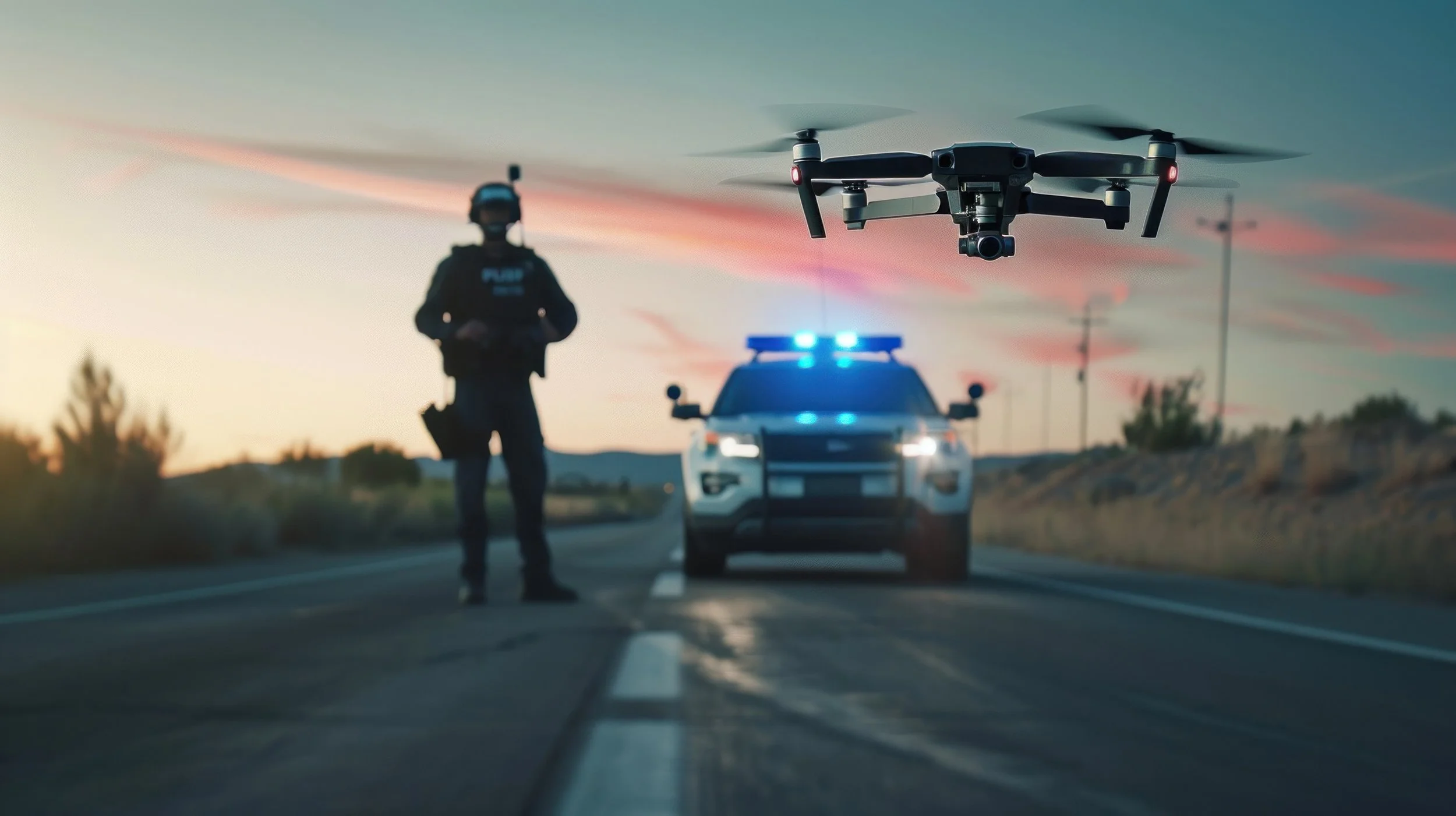 Drone flying above a police SUV with flashing lights at dusk.