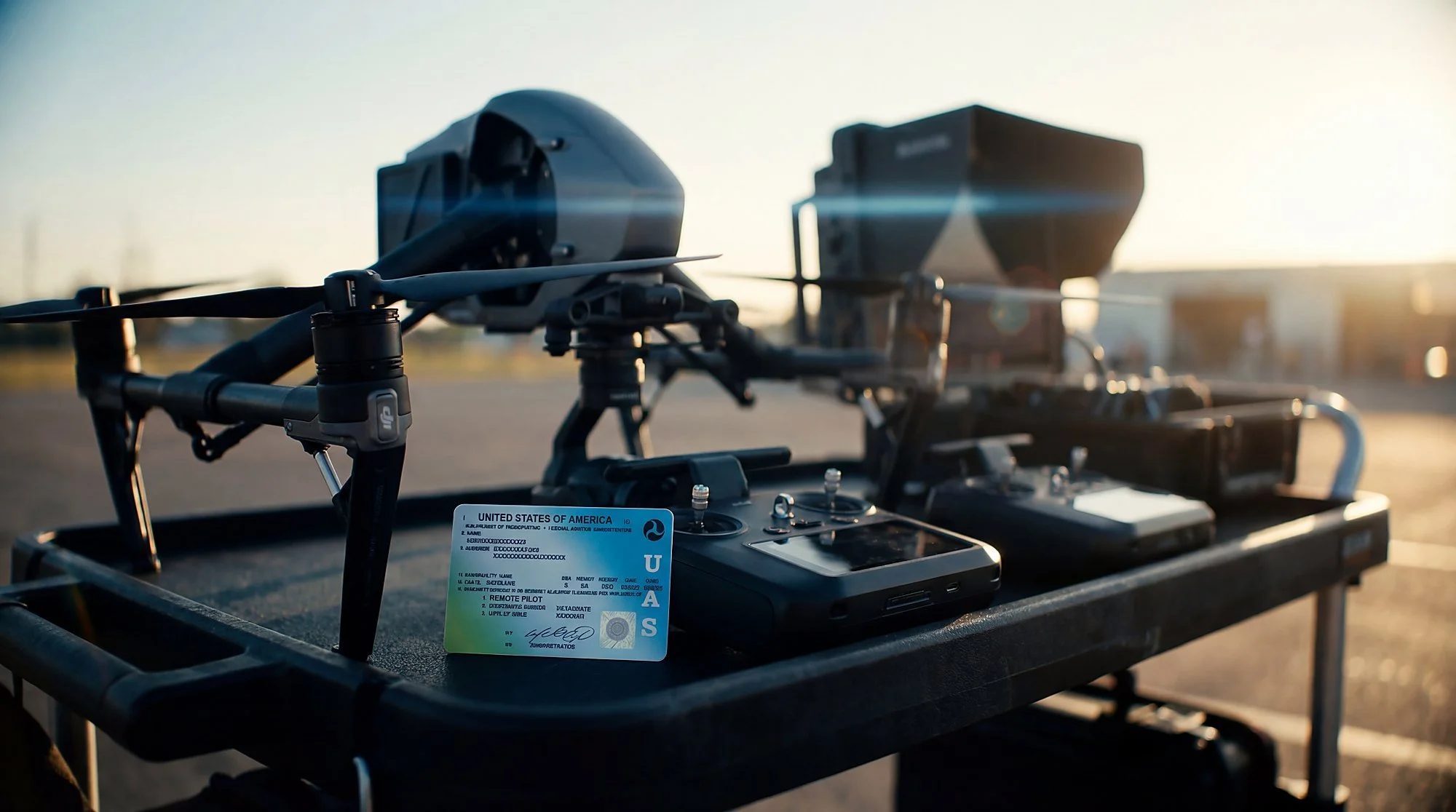 An FAA Remote Pilot Certificate placed in front of a fleet of professional enterprise drones.