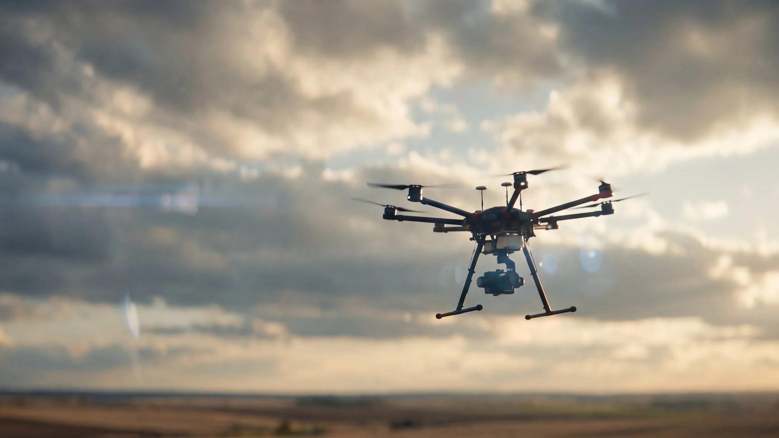 Large professional hexacopter drone in flight over open farmland against a dramatic cloudy sky — BVLOS long-range drone operations under the FAA Part 108 regulatory framework