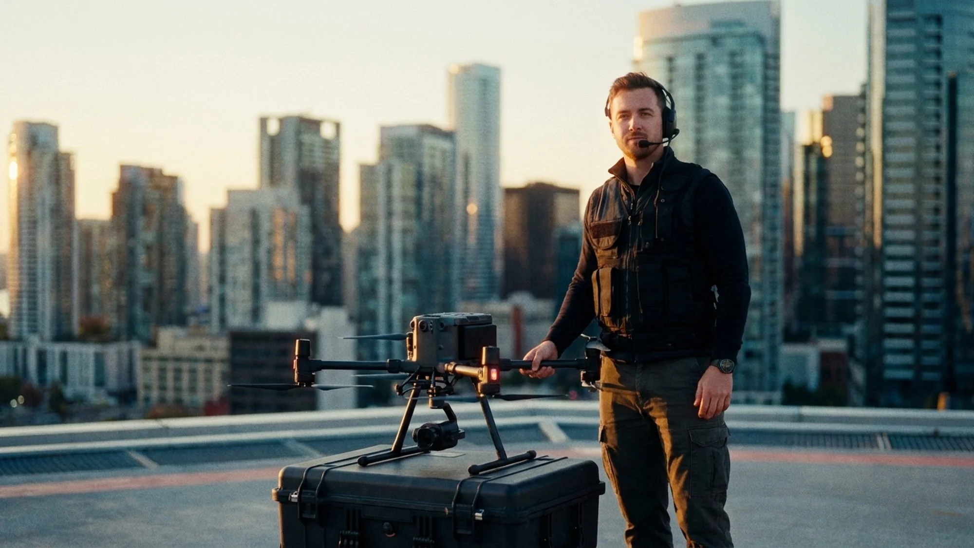 Commercial drone pilot stands on a rooftop beside a professional drone and case with a city skyline at golden hour.