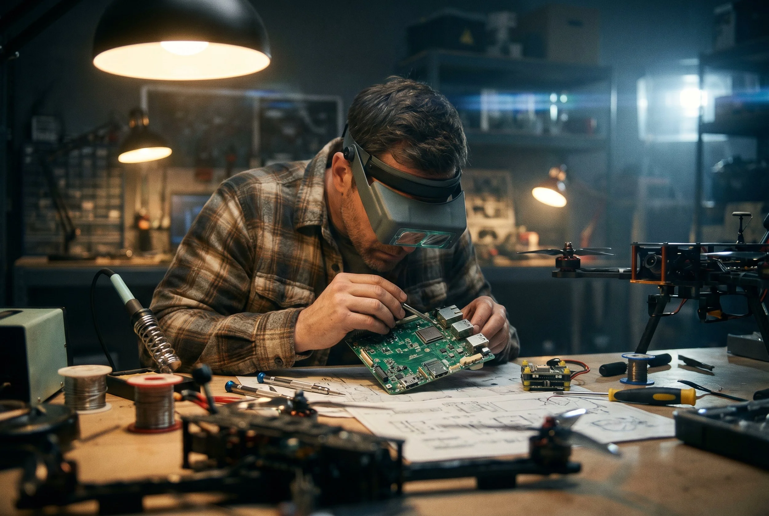Technician wearing a magnifying visor repairs a drone circuit board at a workbench covered with tools, components, and drone parts in a dimly lit workshop.