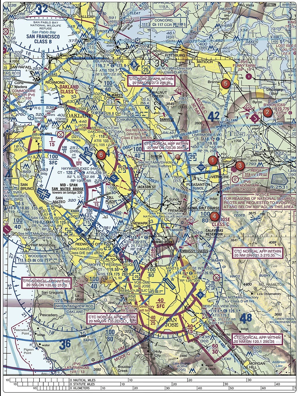 FAA sectional chart excerpt of the San Francisco Bay Area showing Class B airspace shelves around San Francisco International Airport.