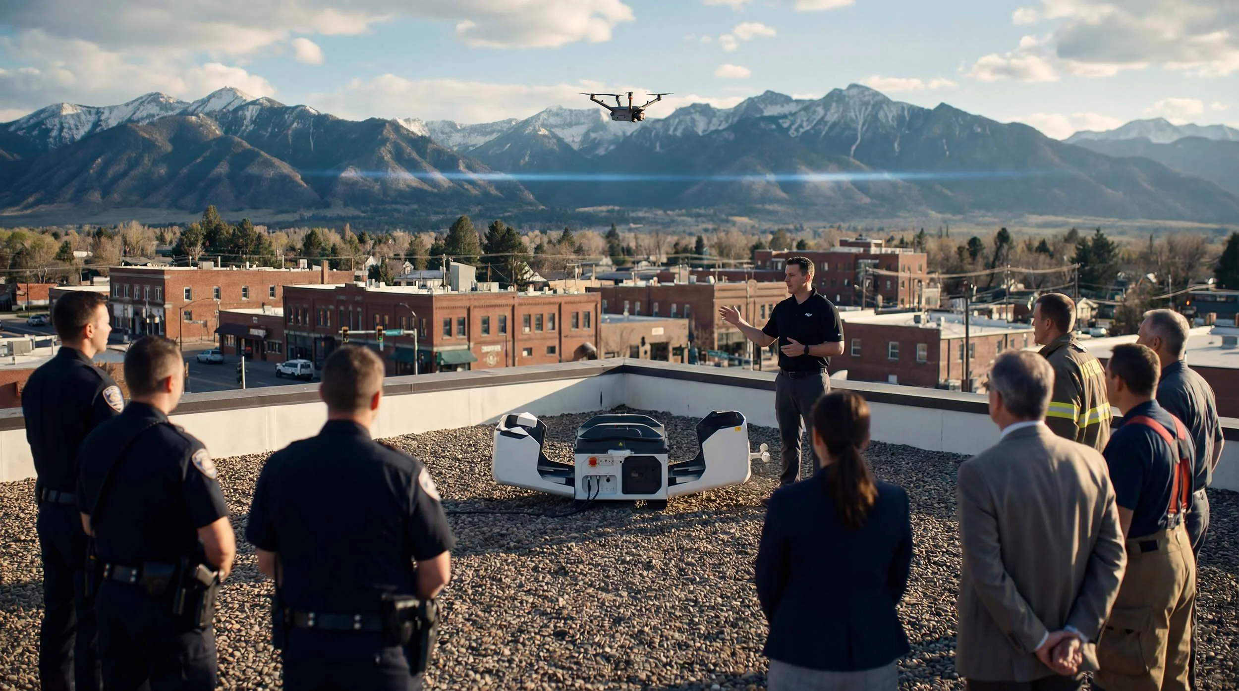 Drone program development team reviewing operational procedures and mission planning during an outdoor field briefing