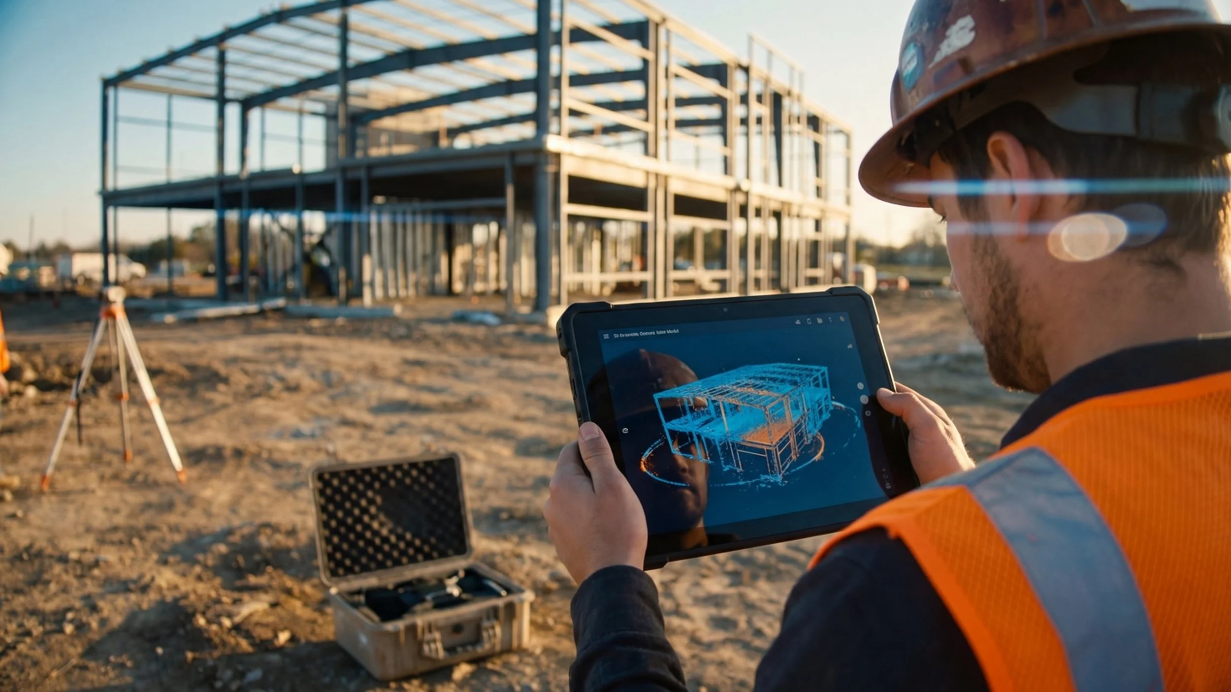 Construction worker reviewing a 3D drone mapping model on a tablet at an active job site during golden hour