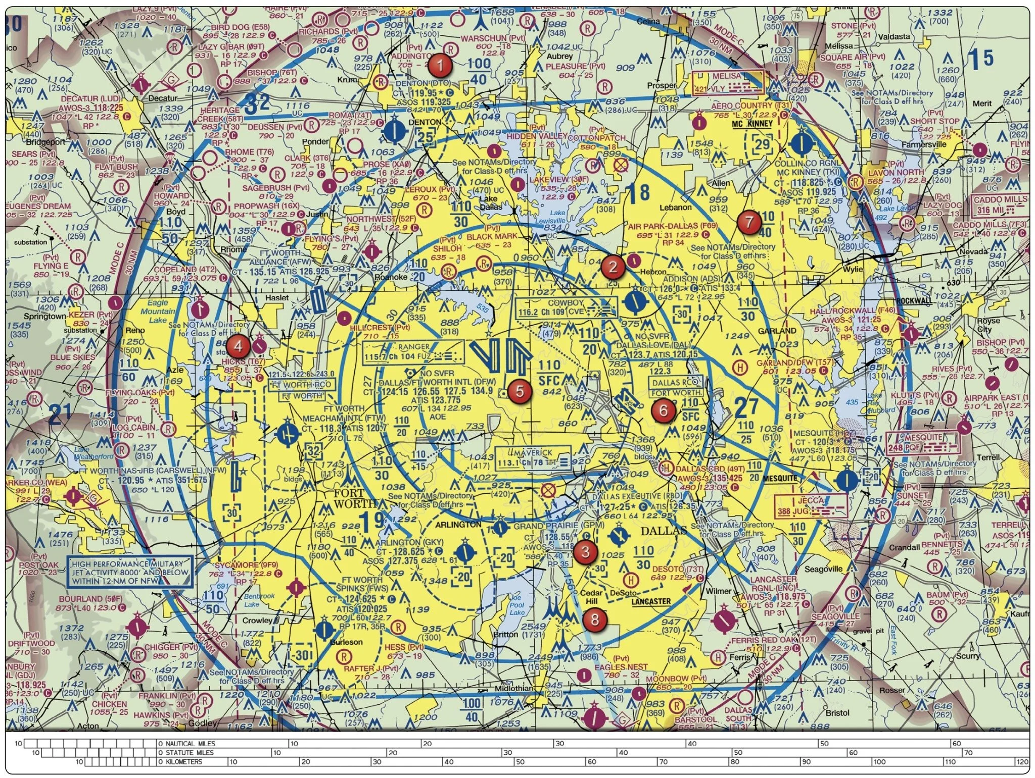 FAA sectional chart excerpt of the Dallas/Fort Worth Class B airspace area, showing color-coded airspace boundaries, airport symbols, and navigation markers (FAA-CT-8080-2H, Figure 25)