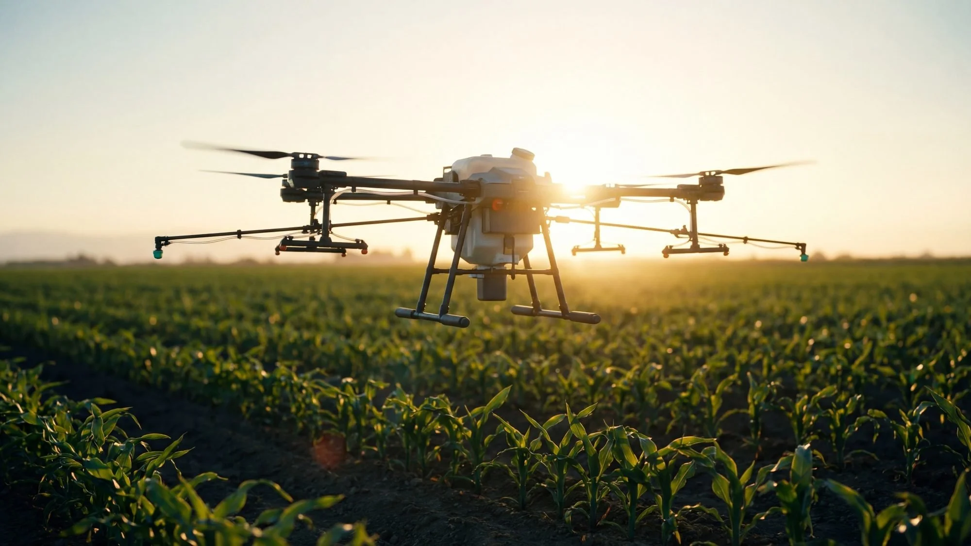 Agricultural spraying drone flies low over crop rows at sunrise for precision application.