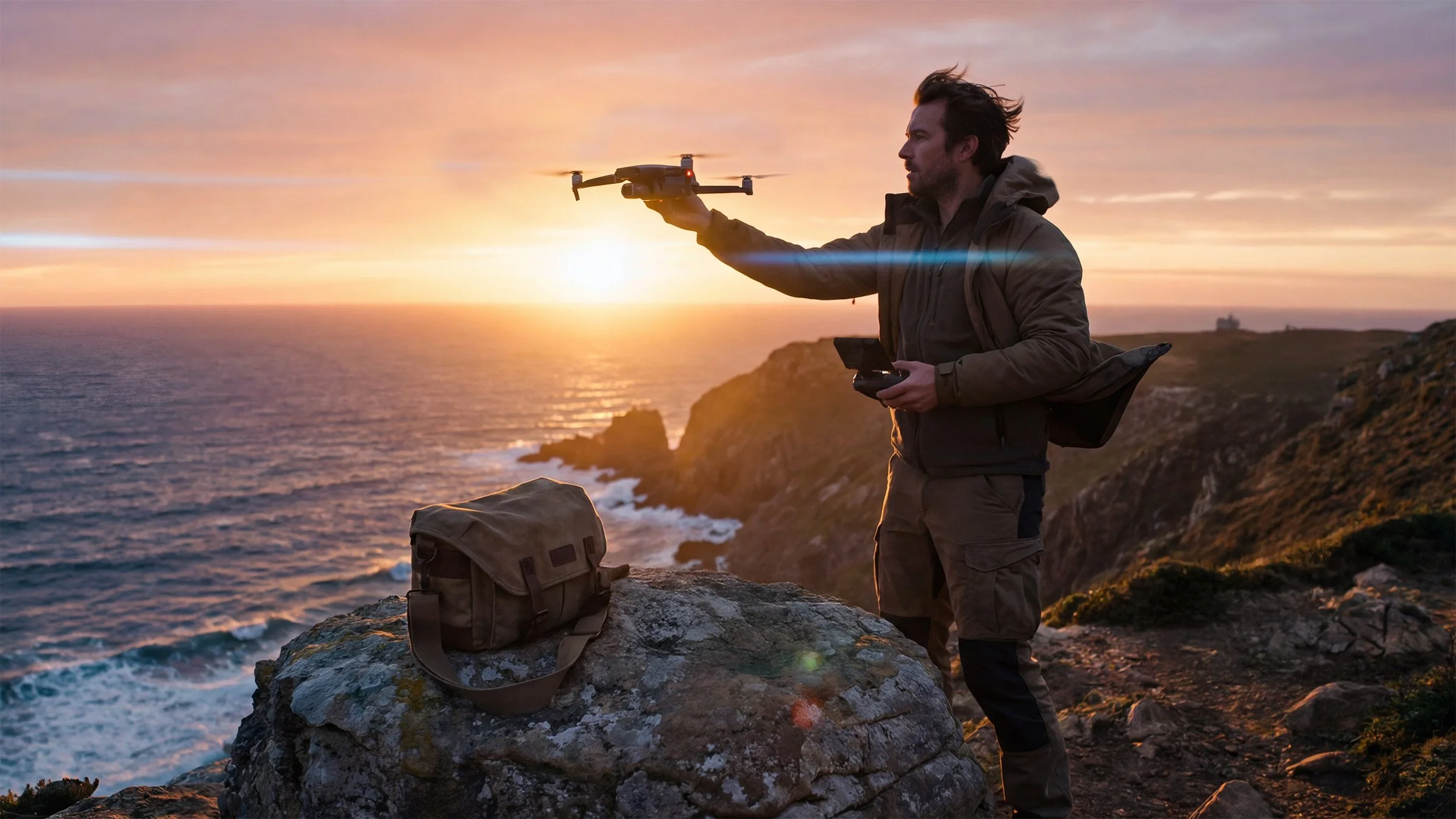 A professional drone pilot holding a quadcopter during a sunset pre-flight check.