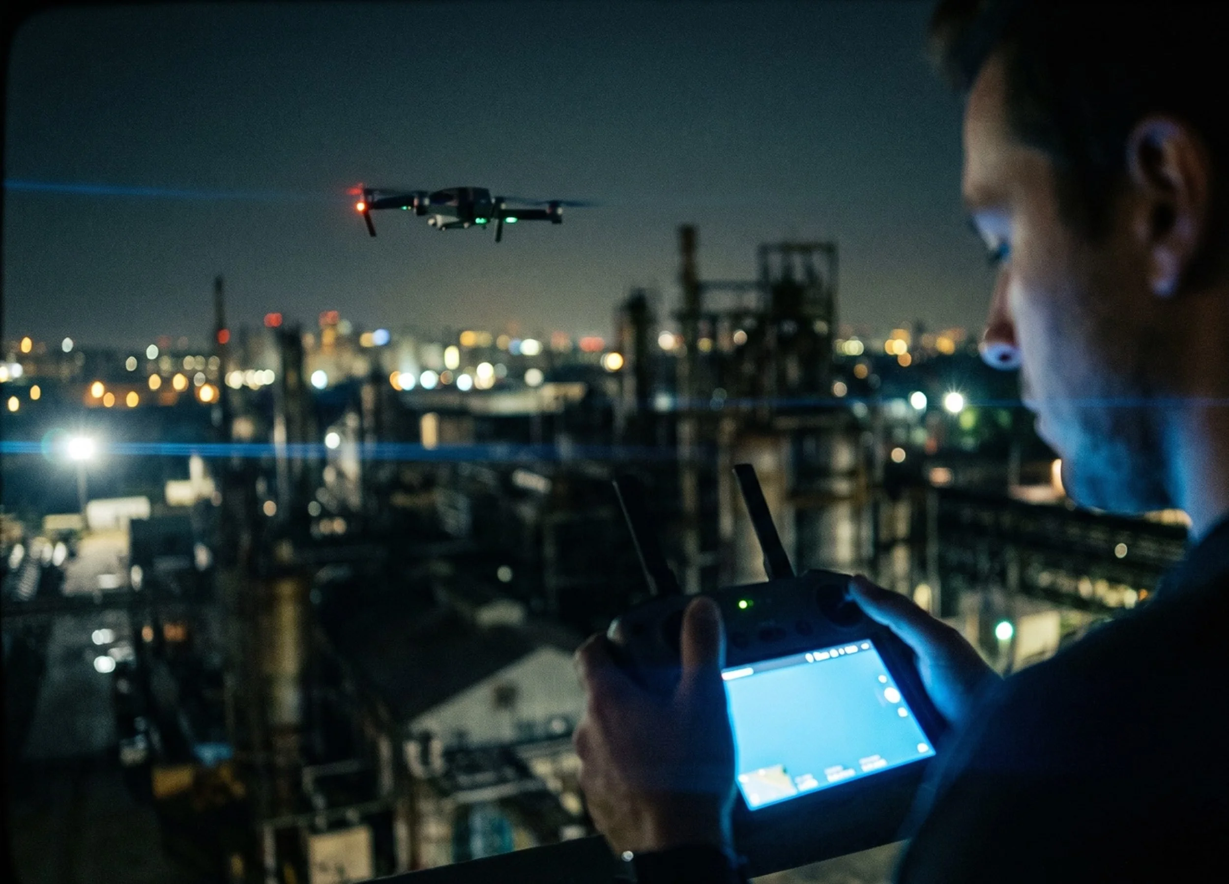Drone pilot flies through industrial complex at night