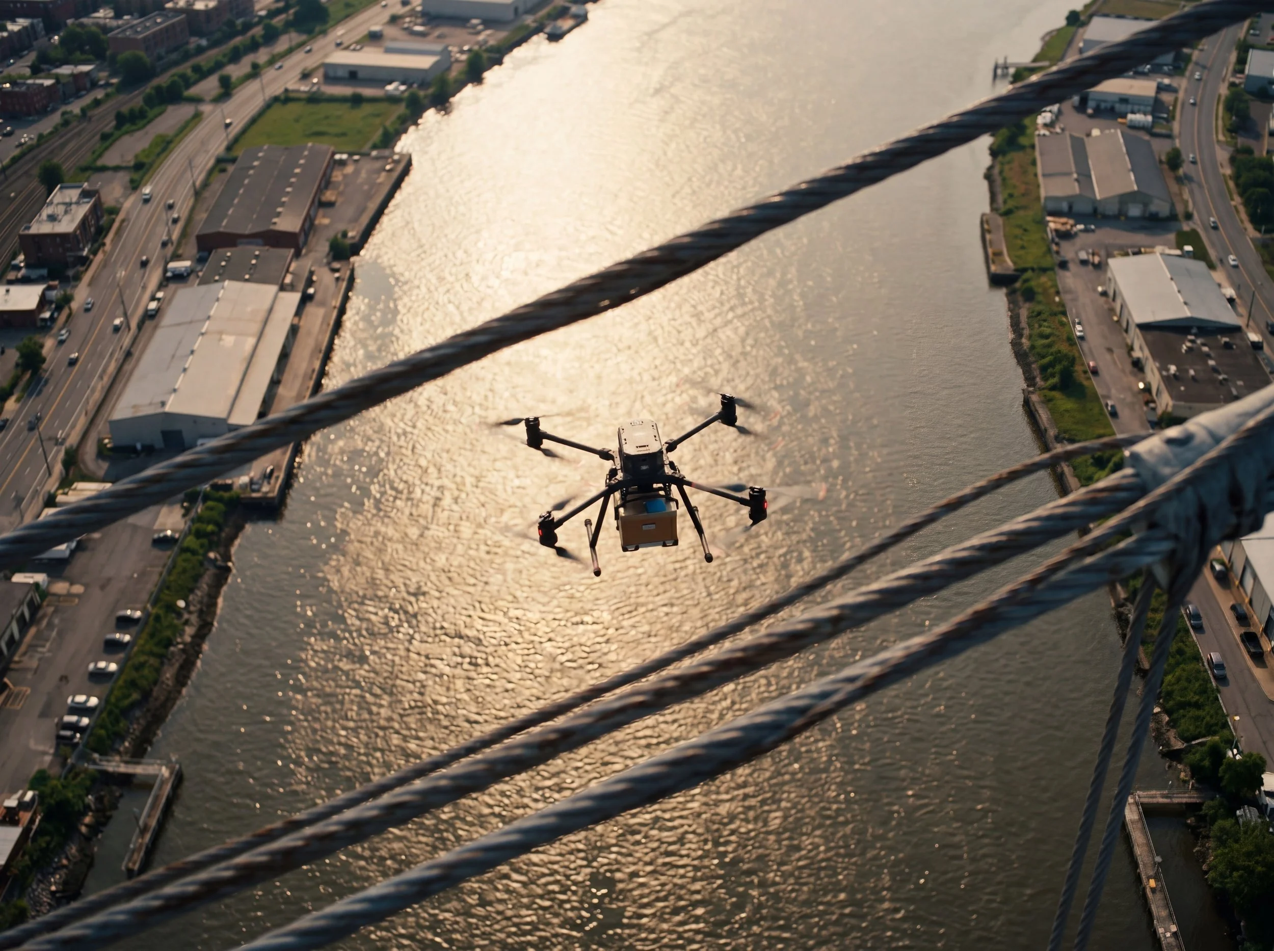 A large cargo drone carrying a cardboard package flies low over a wide urban river, photographed through suspension bridge cables from above, with industrial waterfront and highway infrastructure visible on both banks.