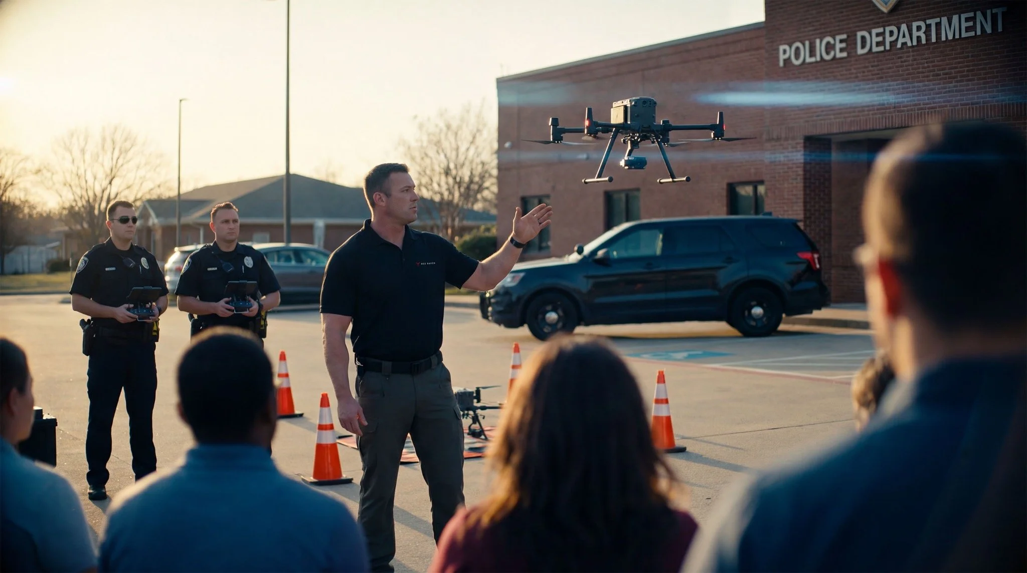 A drone instructor demonstrates a UAS in front of a police department during an outdoor training session.