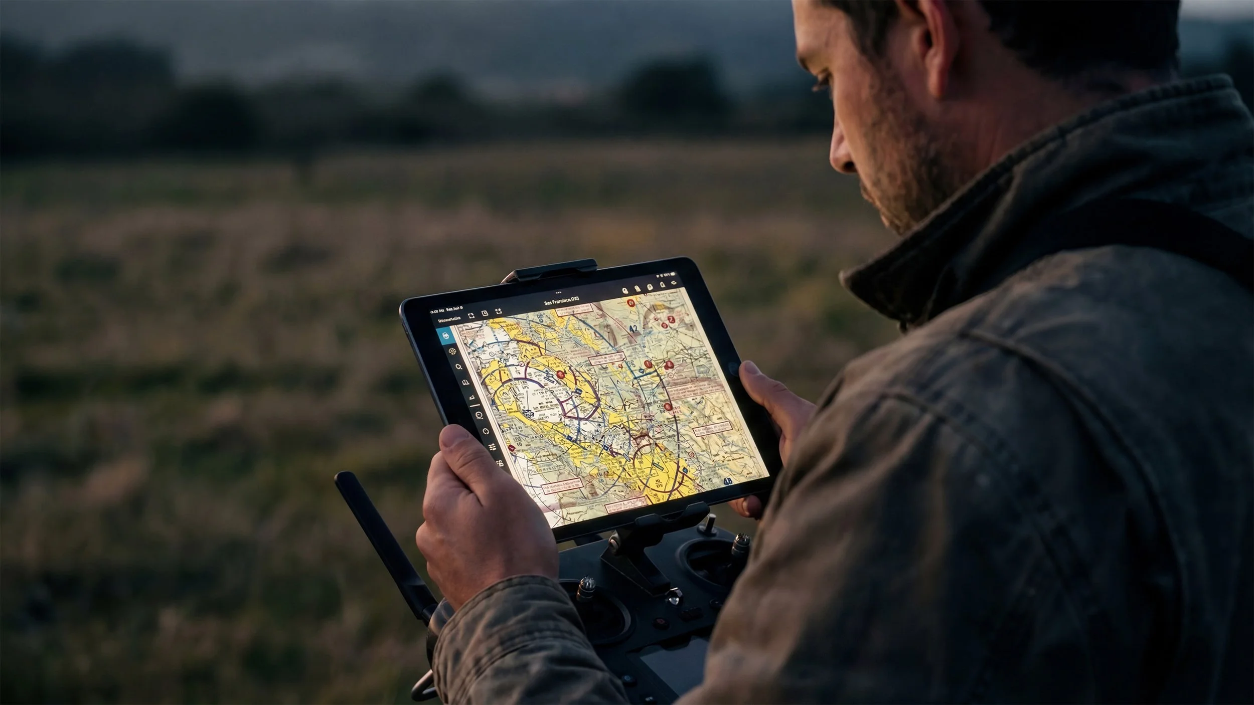 drone pilot looking at a tablet showing a digital airspace map