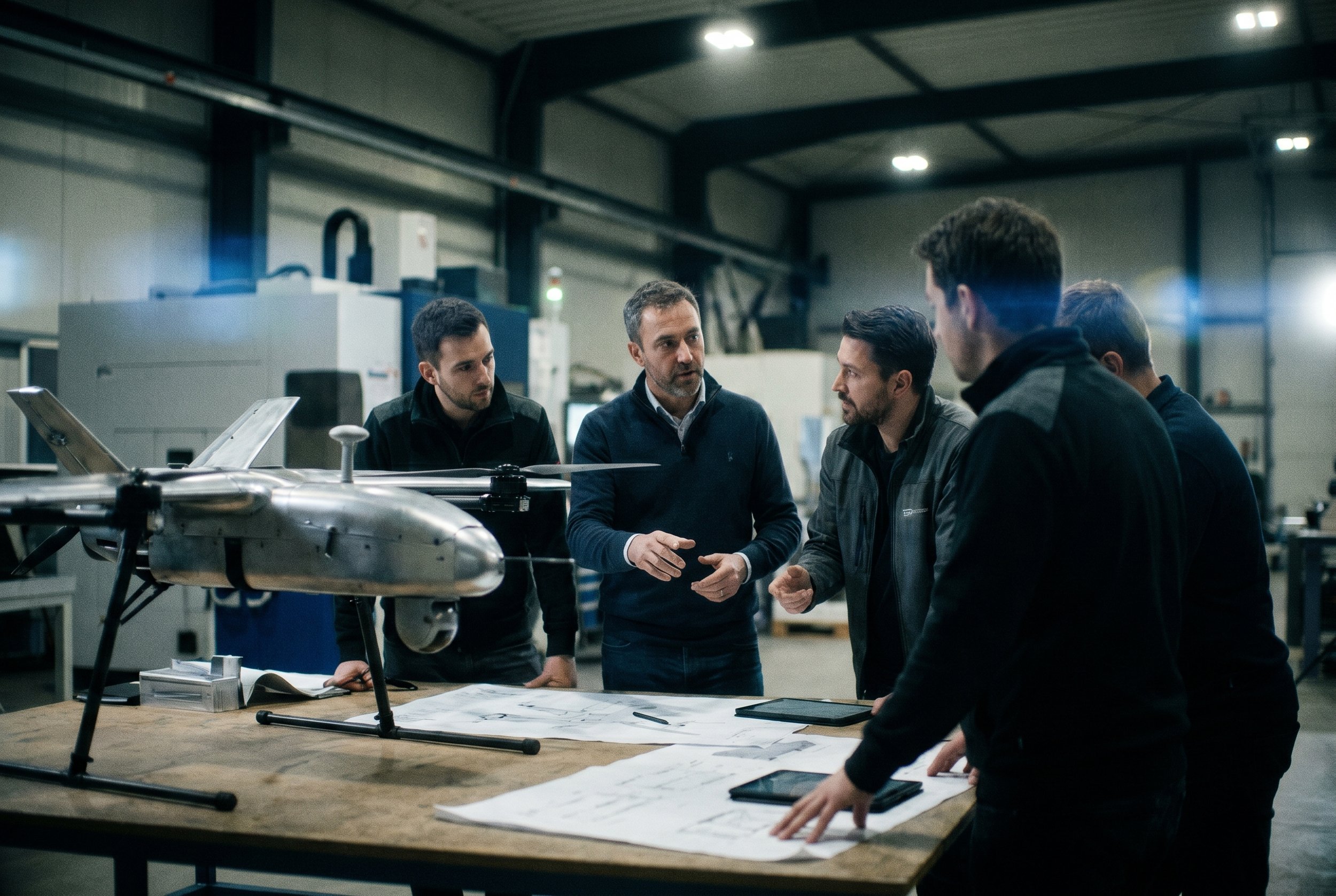 Team of engineers gathered around a large unmanned aircraft in a workshop reviewing plans and discussing design details.