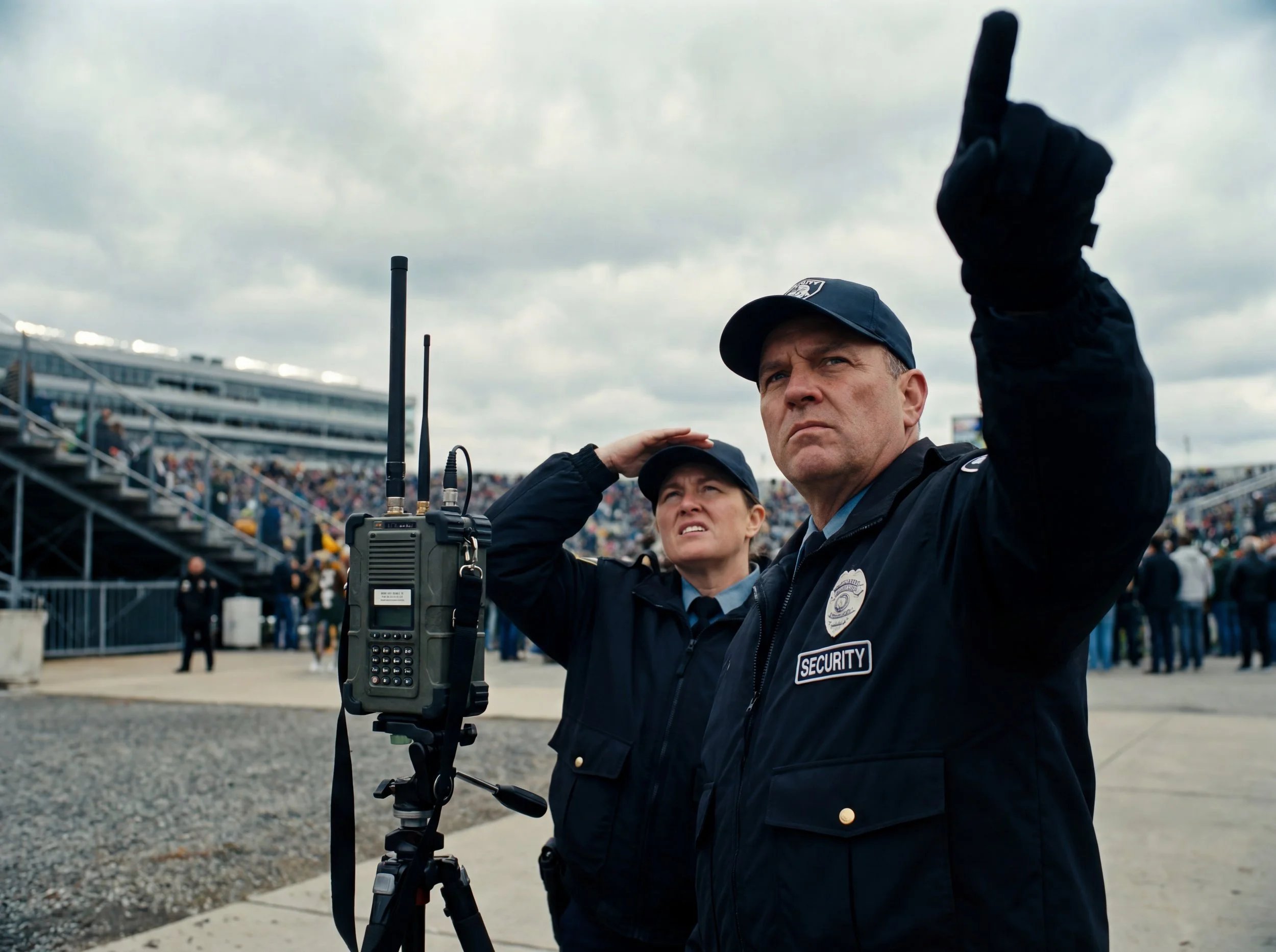 Two law enforcement security officers at a crowded stadium scan the sky — one pointing upward, the other shielding her eyes — with a tactical counter-drone detection device mounted on a tripod beside them.