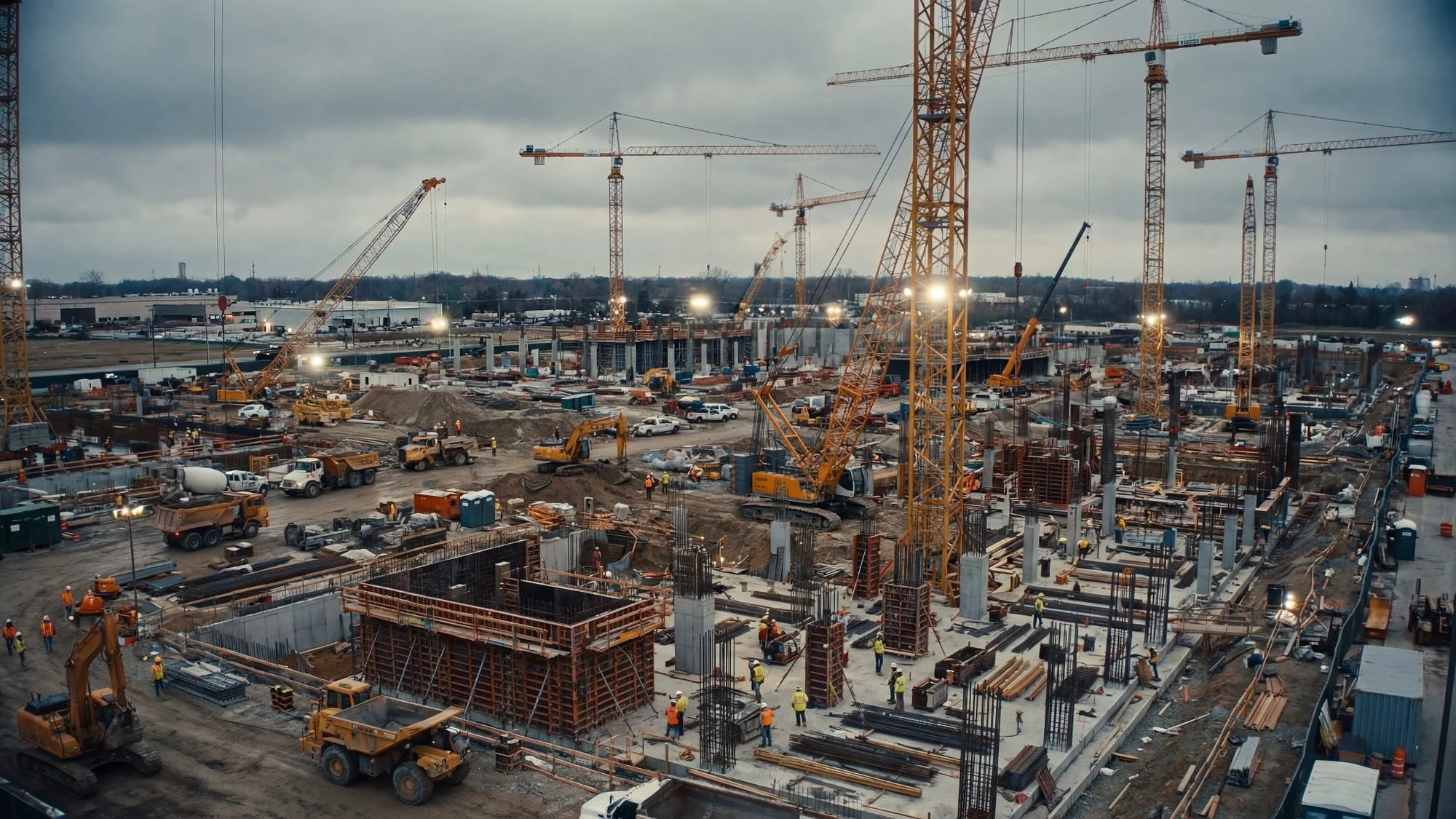 Wide aerial view of a large construction site with cranes and crews during progress monitoring.