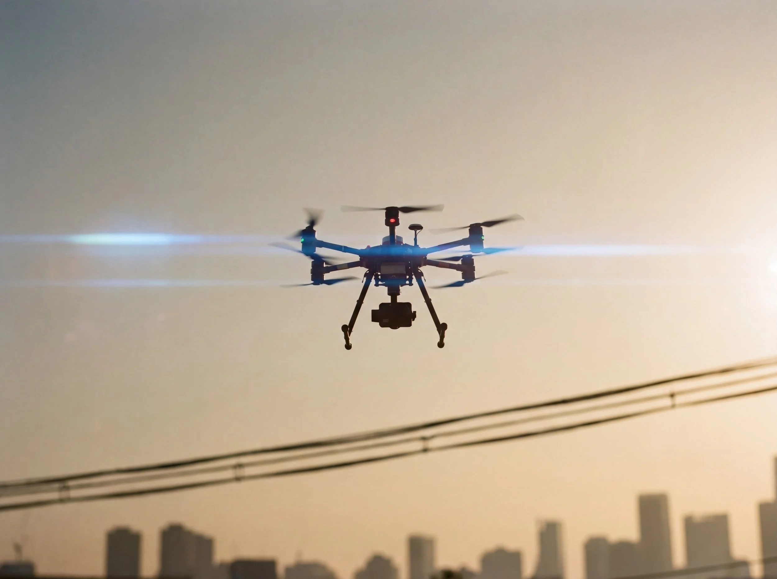 A large professional hexacopter drone with a camera gimbal hovers against a hazy golden sky above a city skyline, with power lines crossing the foreground and blue navigation lights illuminated.